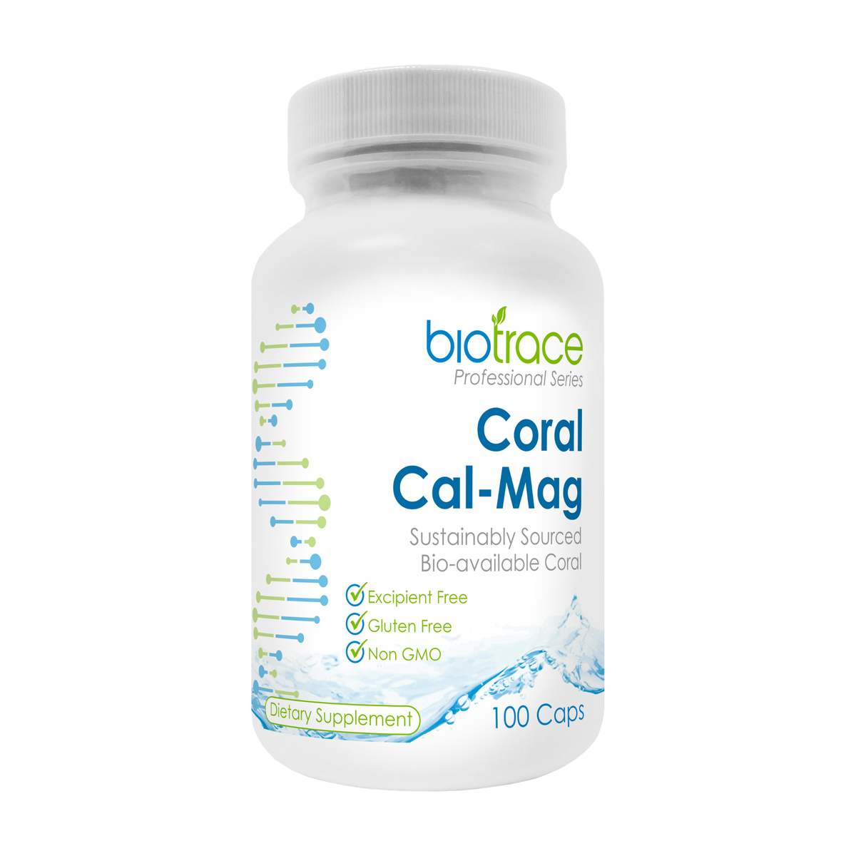 A white plastic bottle of biotrace Professional Series Coral Cal-Mag dietary supplement, containing 100 capsules, shown on a clean white background.