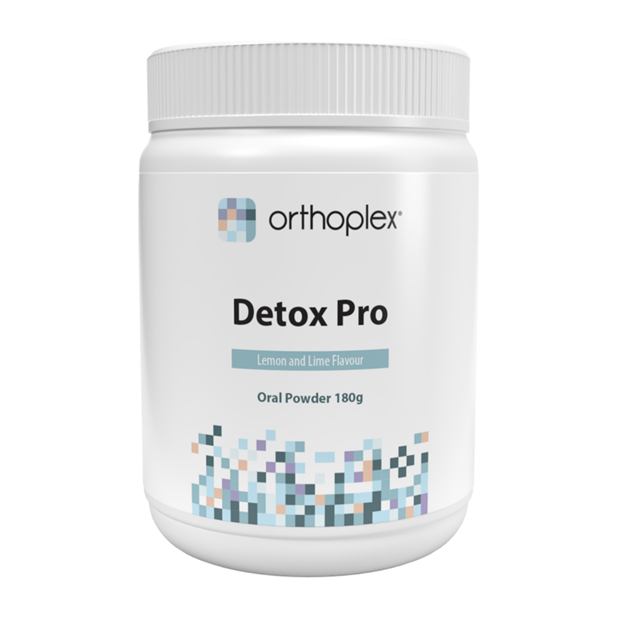 A white plastic jar of Orthoplex Detox Pro oral powder, lemon and lime flavor, 180g, on a plain white background.