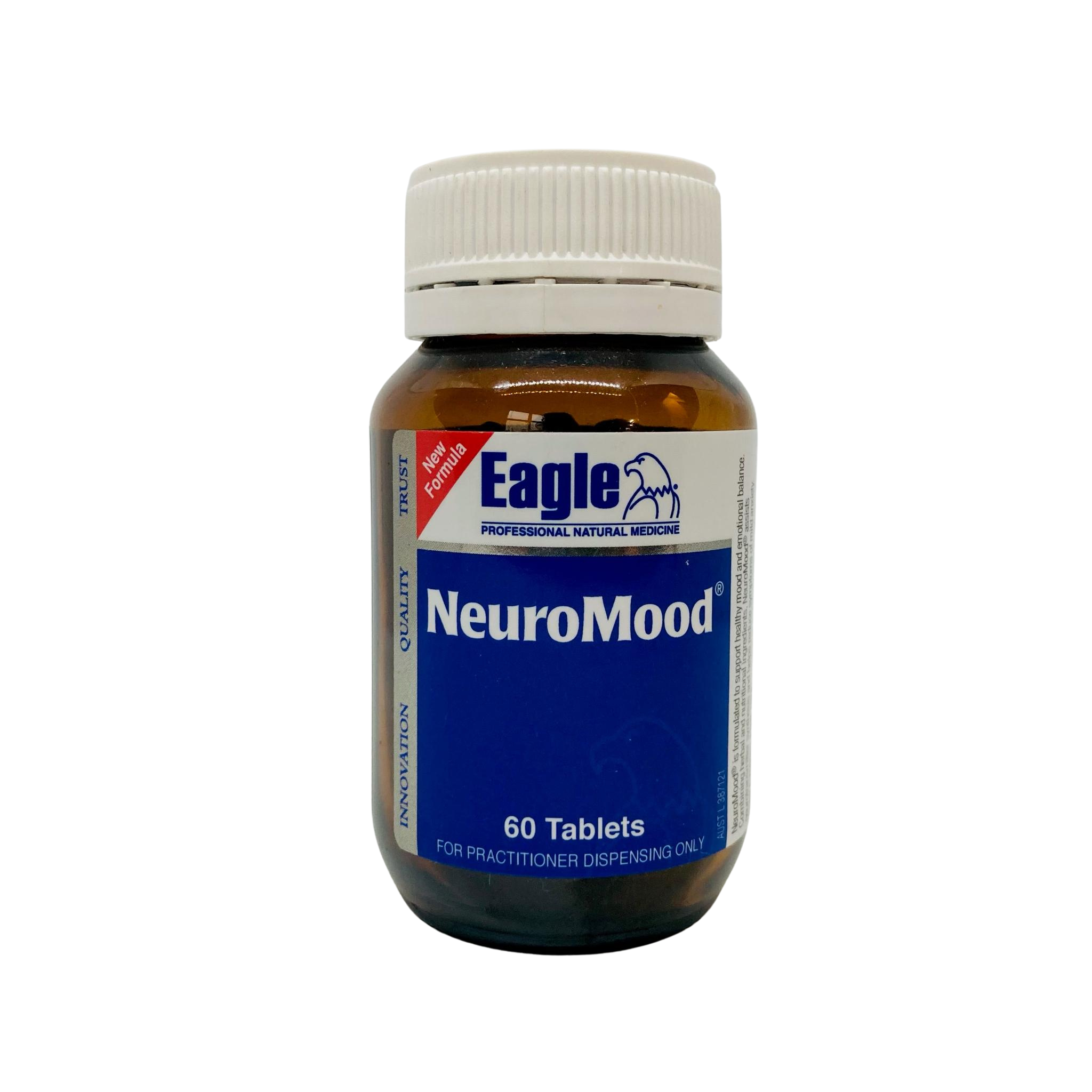 A bottle of Eagle NeuroMood 60 Tablets for practitioner dispensing only, featuring an amber glass bottle, white cap, and a blue and white label.