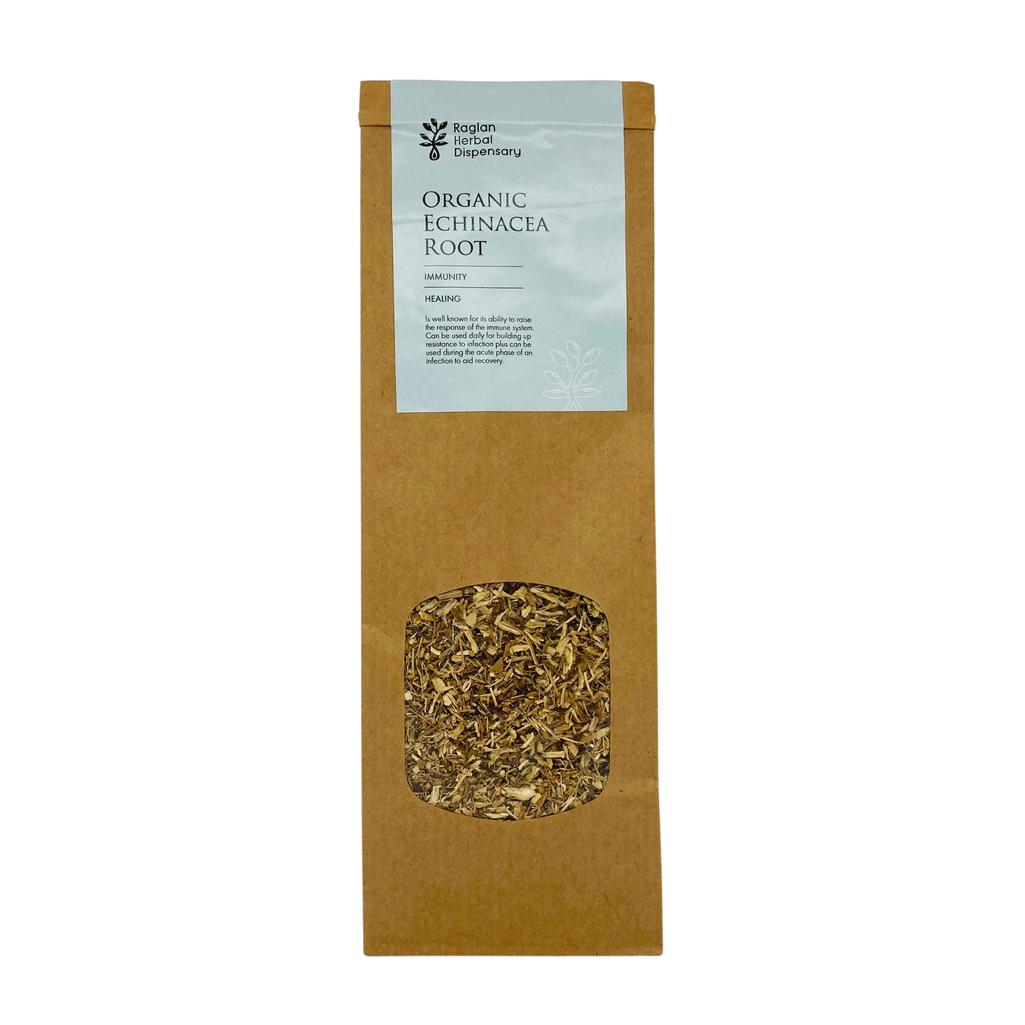 A tall brown kraft paper bag of Kippah Herbs Organic Echinacea Root, featuring a clear window near the bottom displaying the dried herb inside, set against a plain white background.