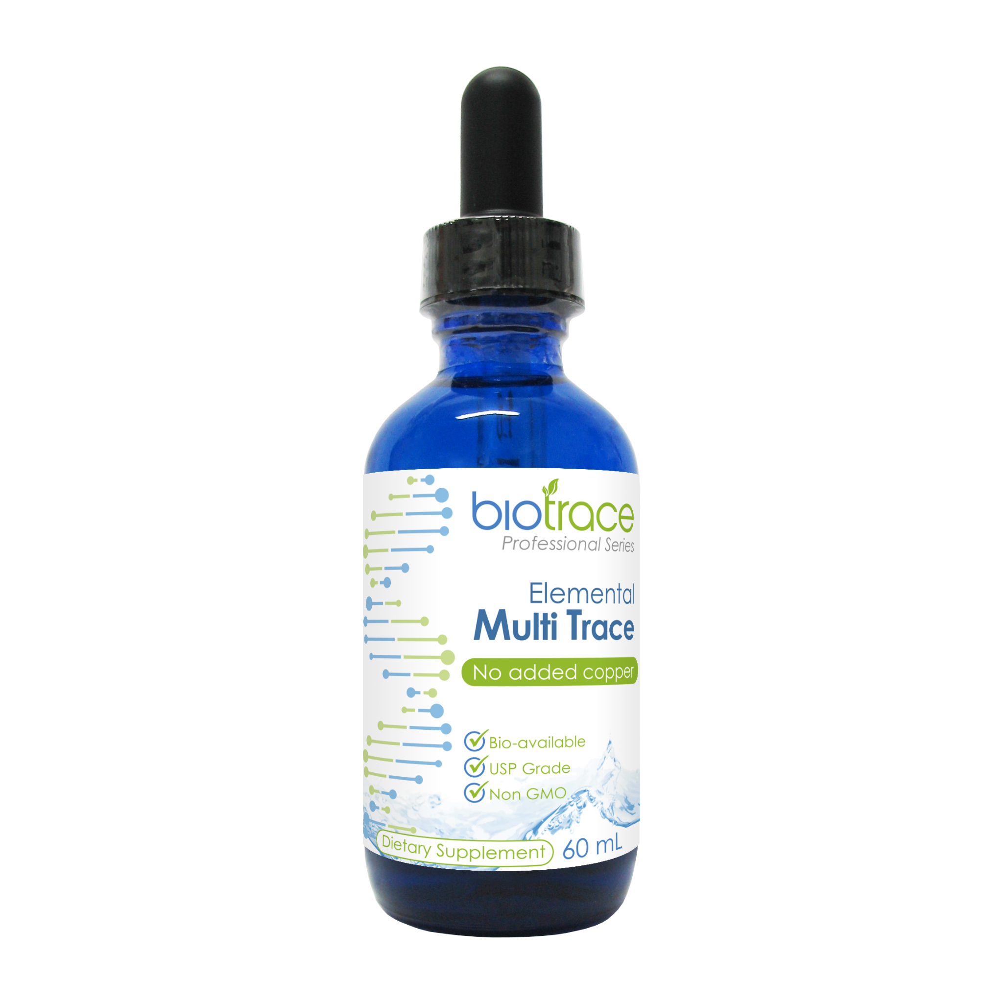 A blue glass dropper bottle of biotrace Professional Series Elemental Multi Trace dietary supplement, 60 ml, on a white background.