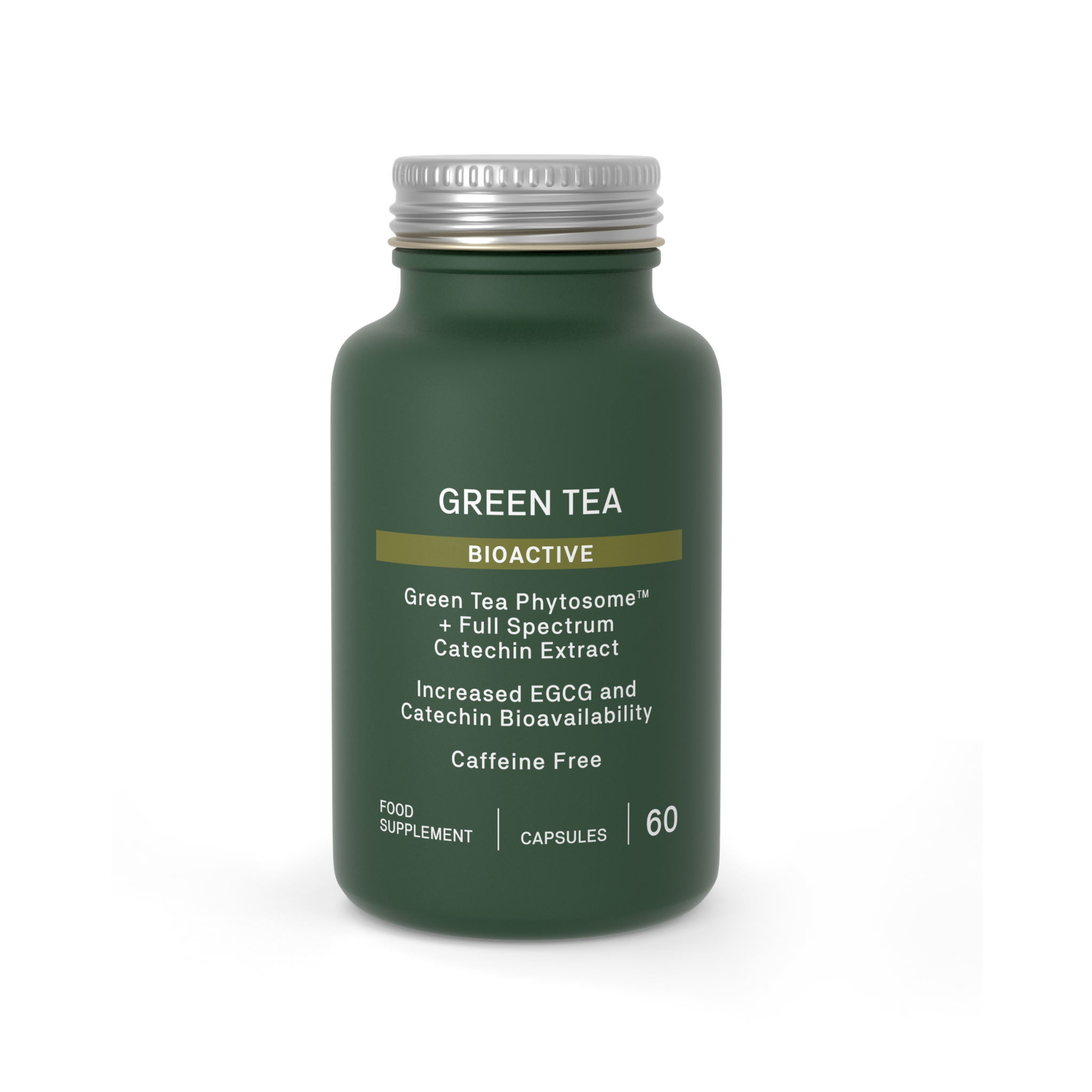 A dark green bottle of Green Tea Bioactive food supplement with a silver cap, shown on a clean white background.