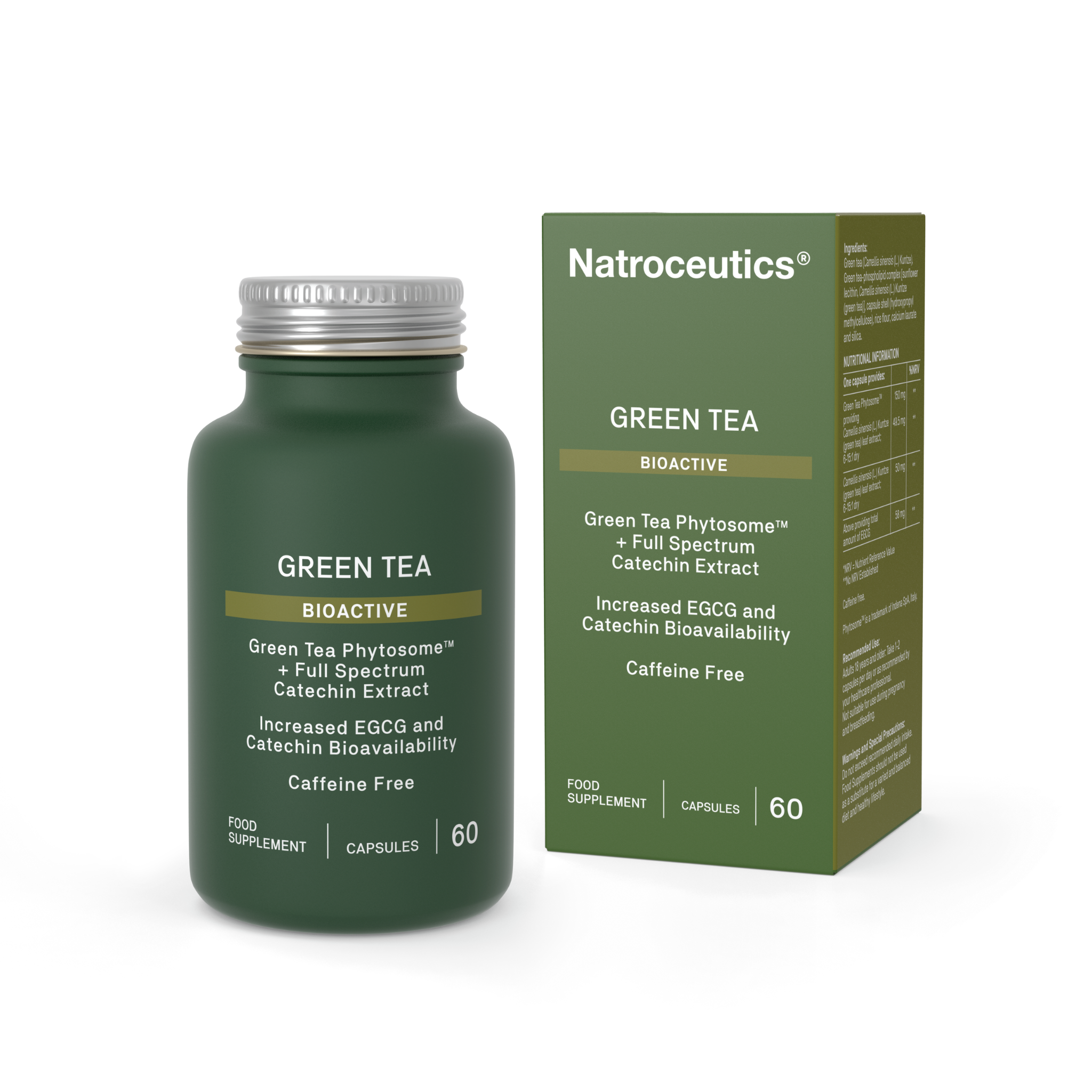 Green tea supplement bottle and packaging with Natroceuticals branding on a white background