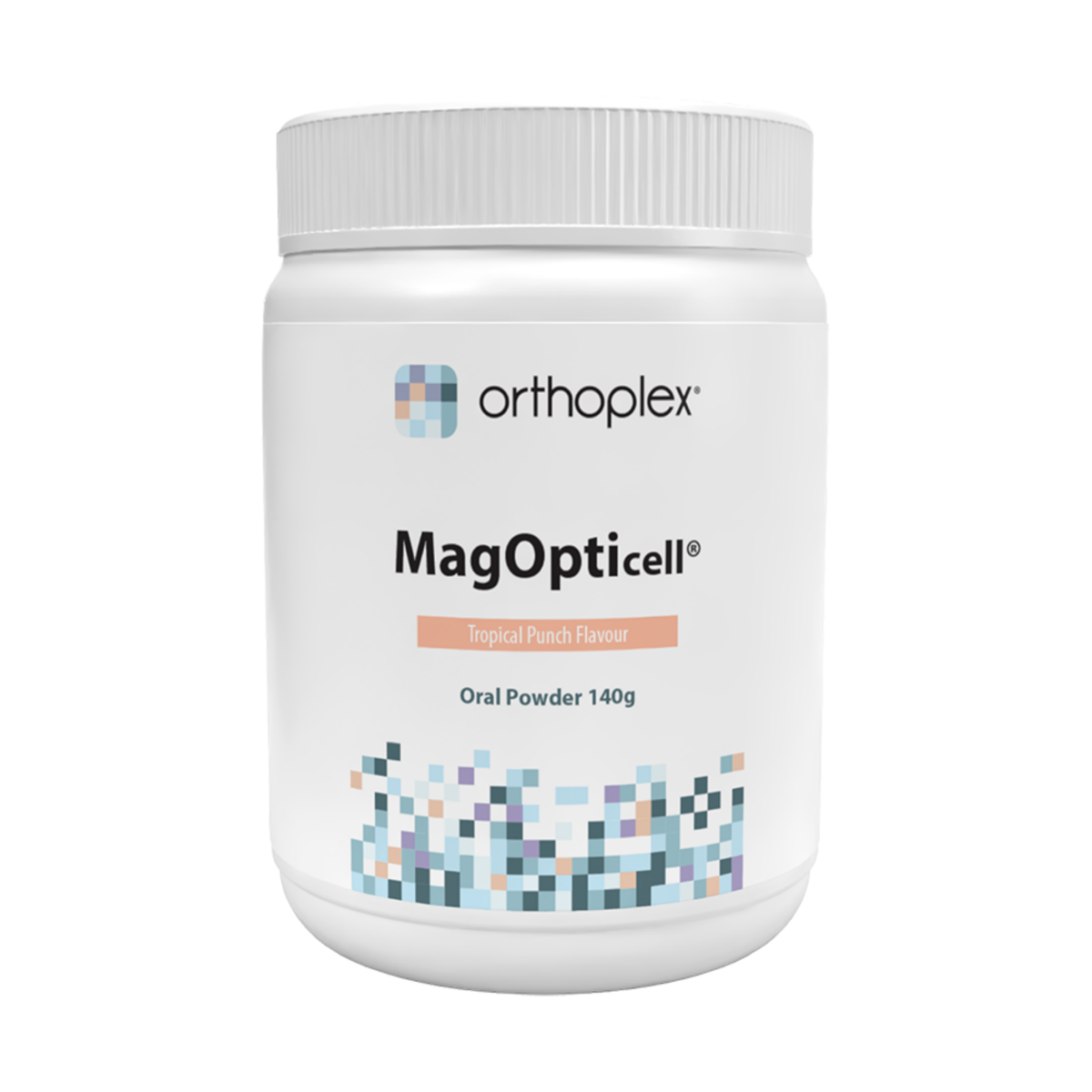 A white plastic jar of Orthoplex MagOpticell oral powder, tropical peach flavor, 140g, on a solid white background.