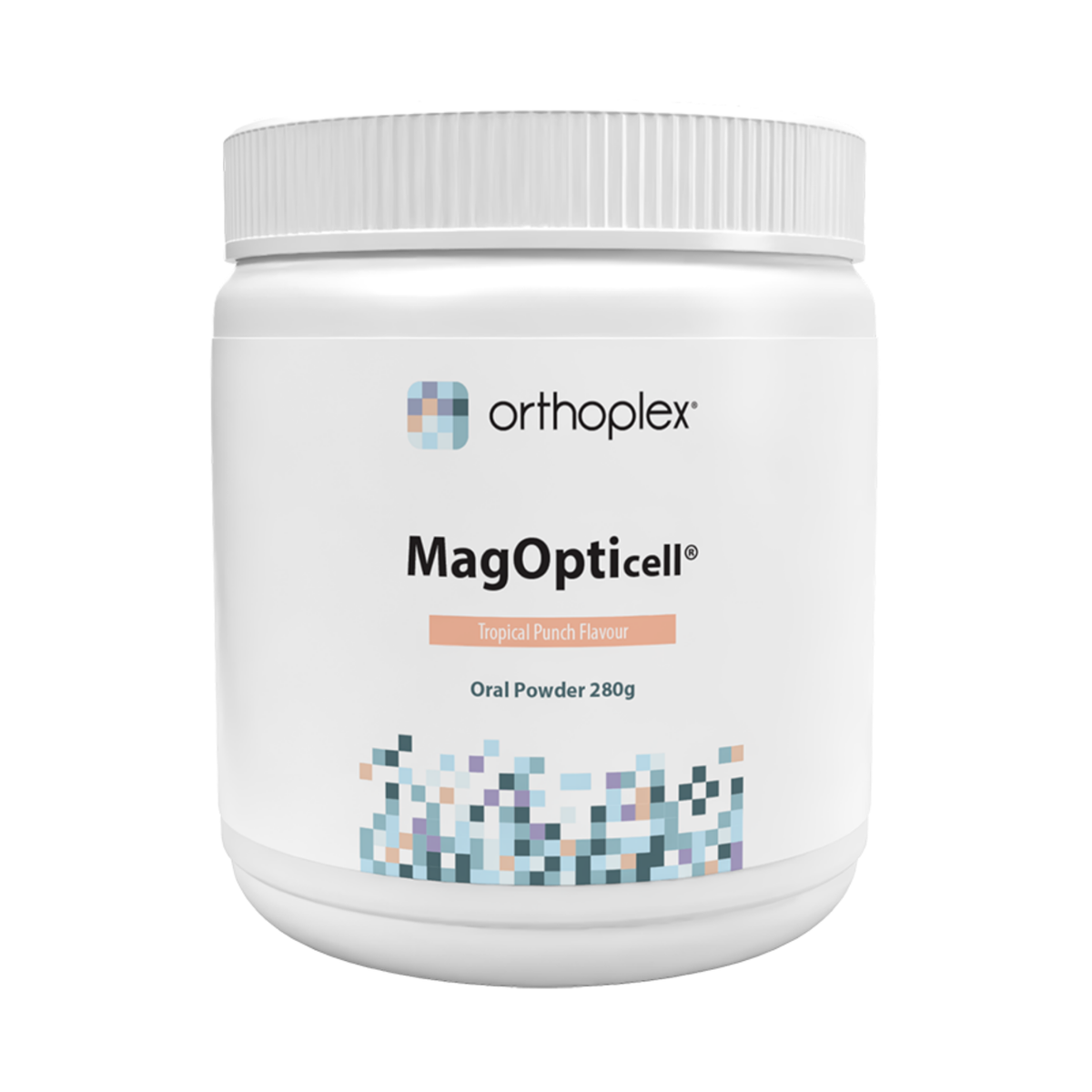 A white plastic tub of Orthoplex MagOpticell oral powder, Tropical Peach flavour, 280g, on a solid white background.