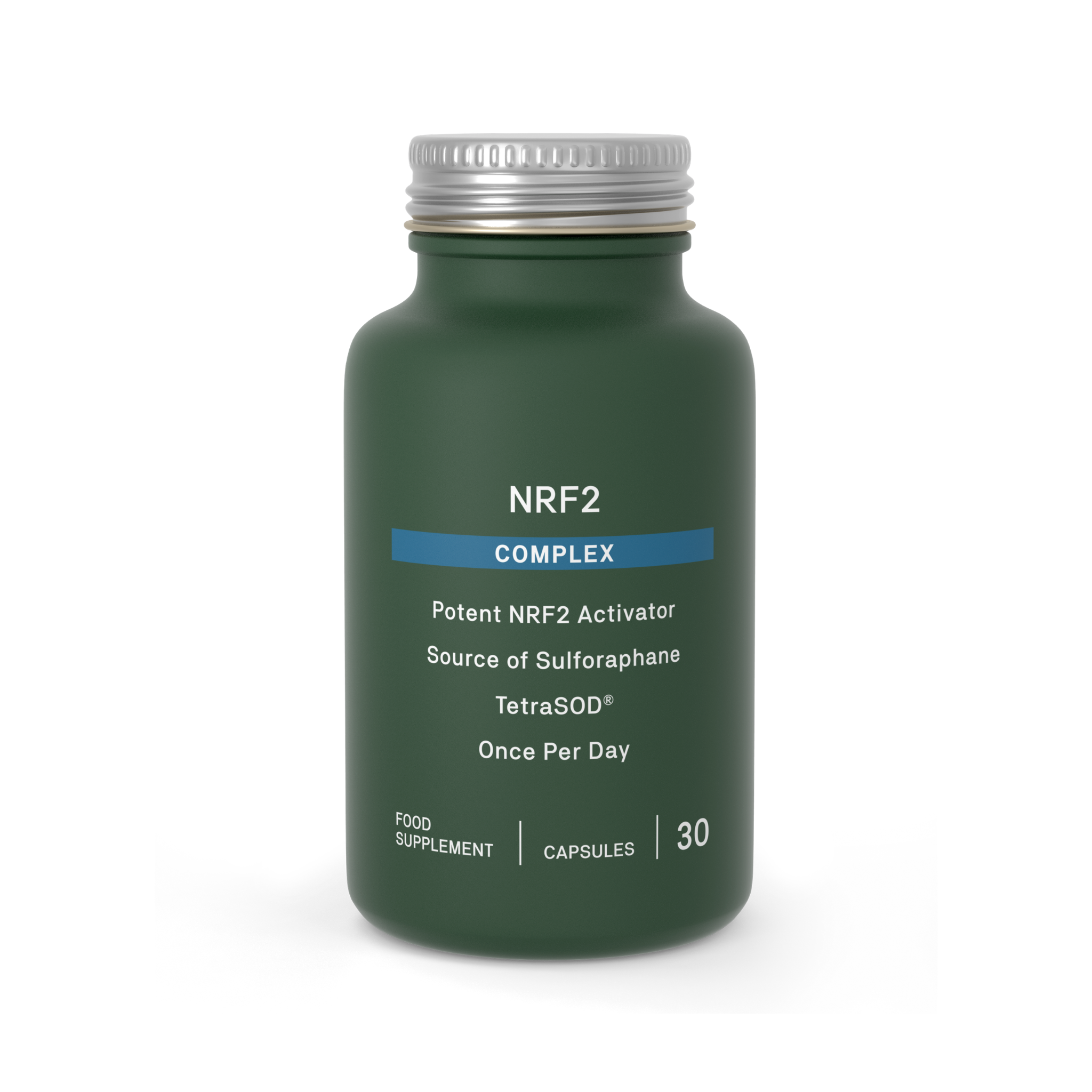 A dark green bottle of NRF2 Complex food supplement with a silver cap, shown on a clean white background.
