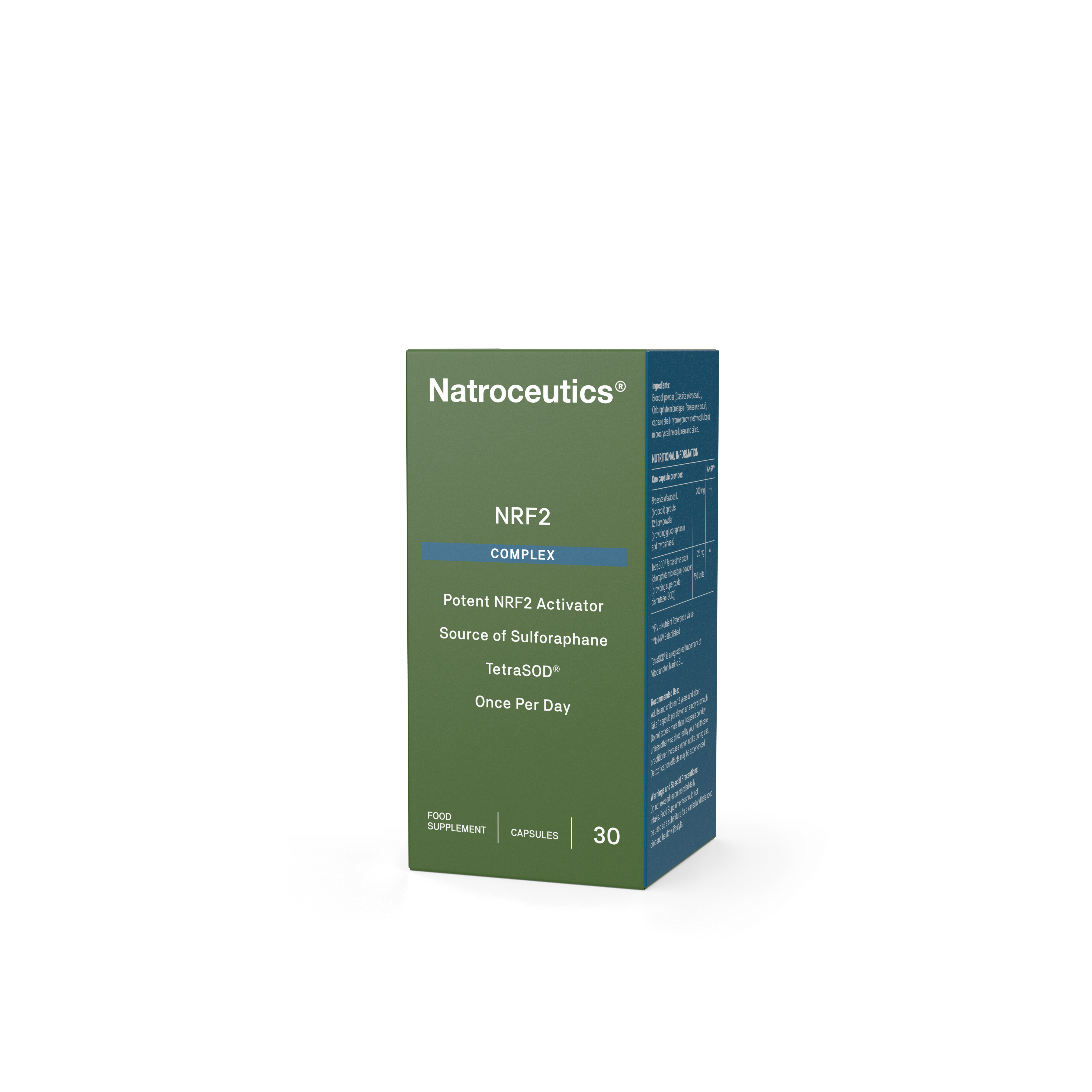A green and dark blue box of Natroceutics NRF2 Complex dietary supplement, shown on a clean white background.