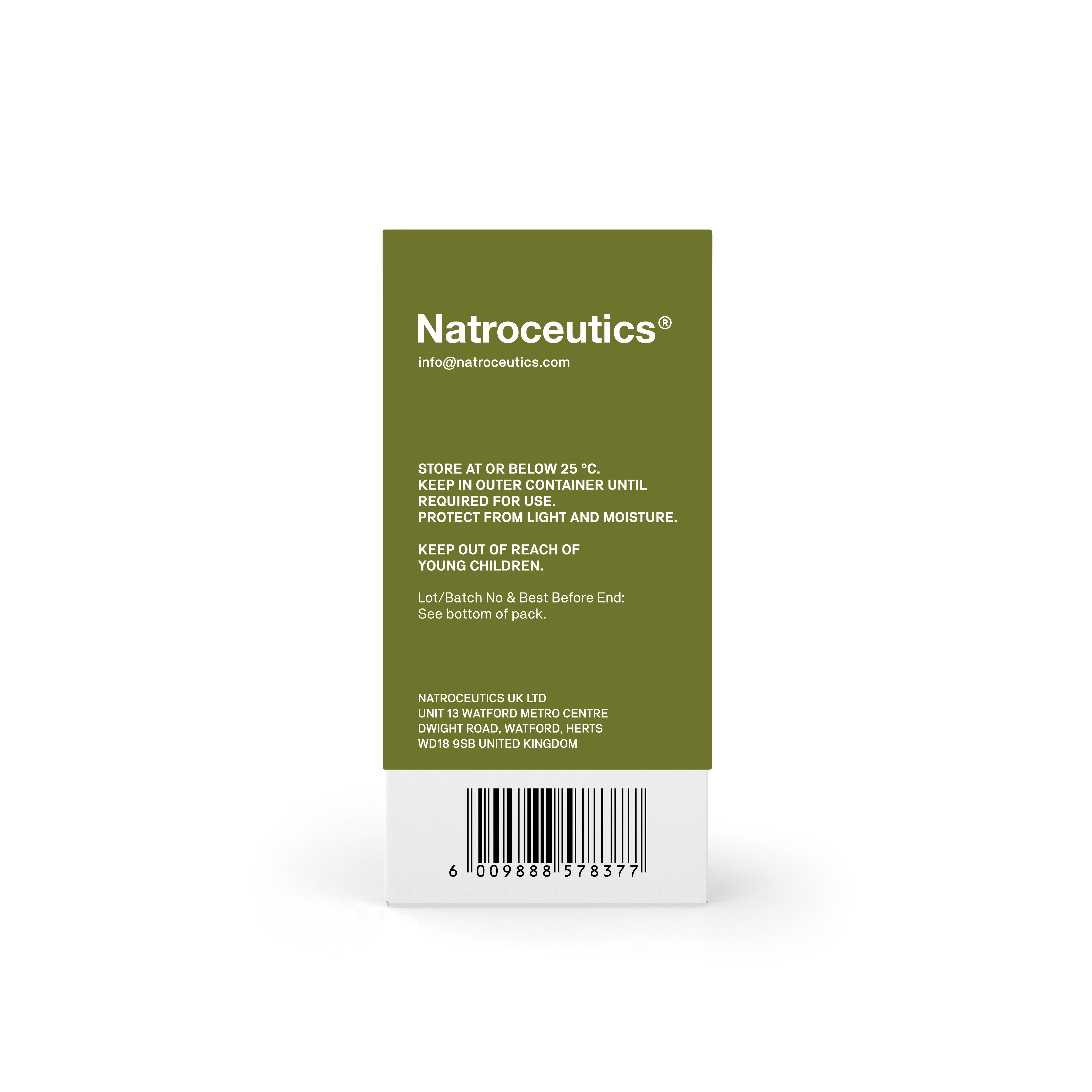 The back of a Natroceutics product box, featuring a sage green upper section with white text and a white lower section with a barcode, set against a plain white background.