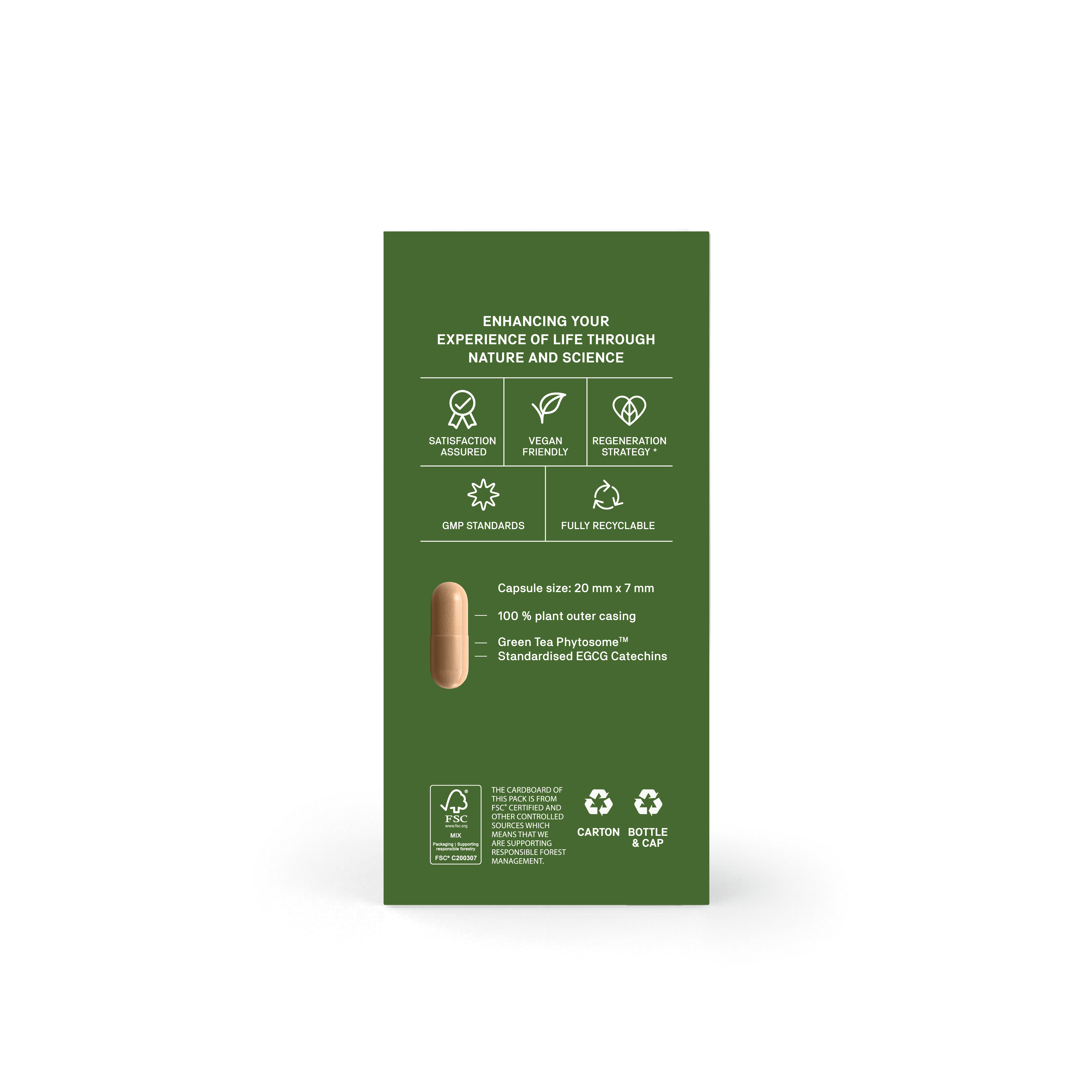 A tall, narrow olive green product box standing upright on a white background. The front features white text and icons describing benefits, a small photo of a beige capsule, and certification logos near the bottom.