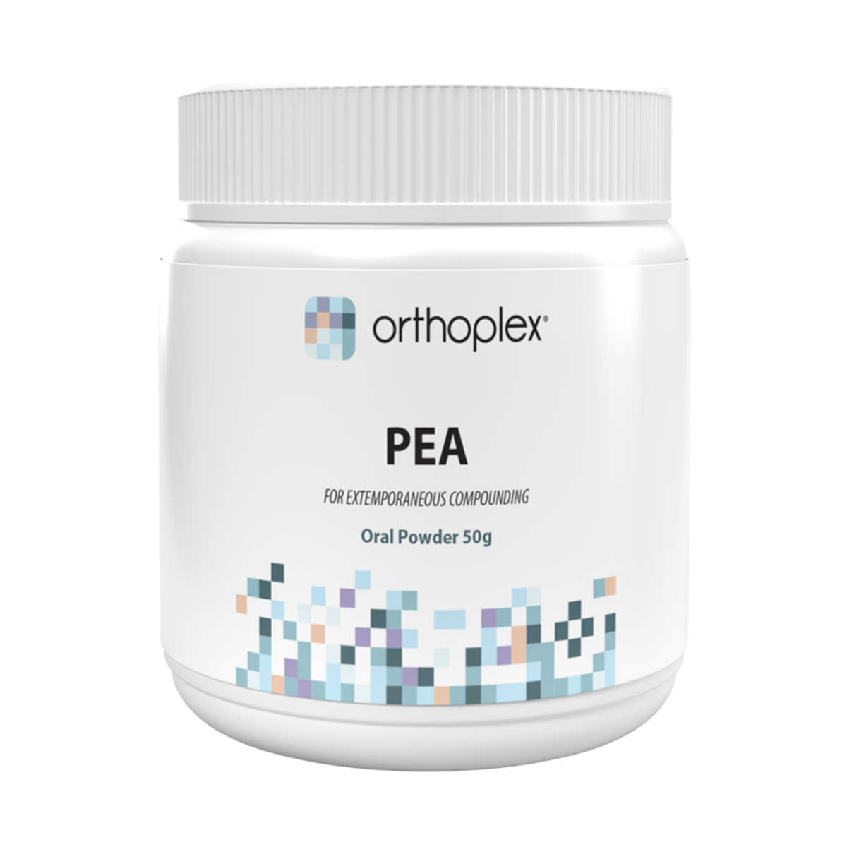 A white plastic jar of Orthoplex PEA Oral Powder 50g, featuring a clean white label with black text and a small blue and gray pixel logo.
