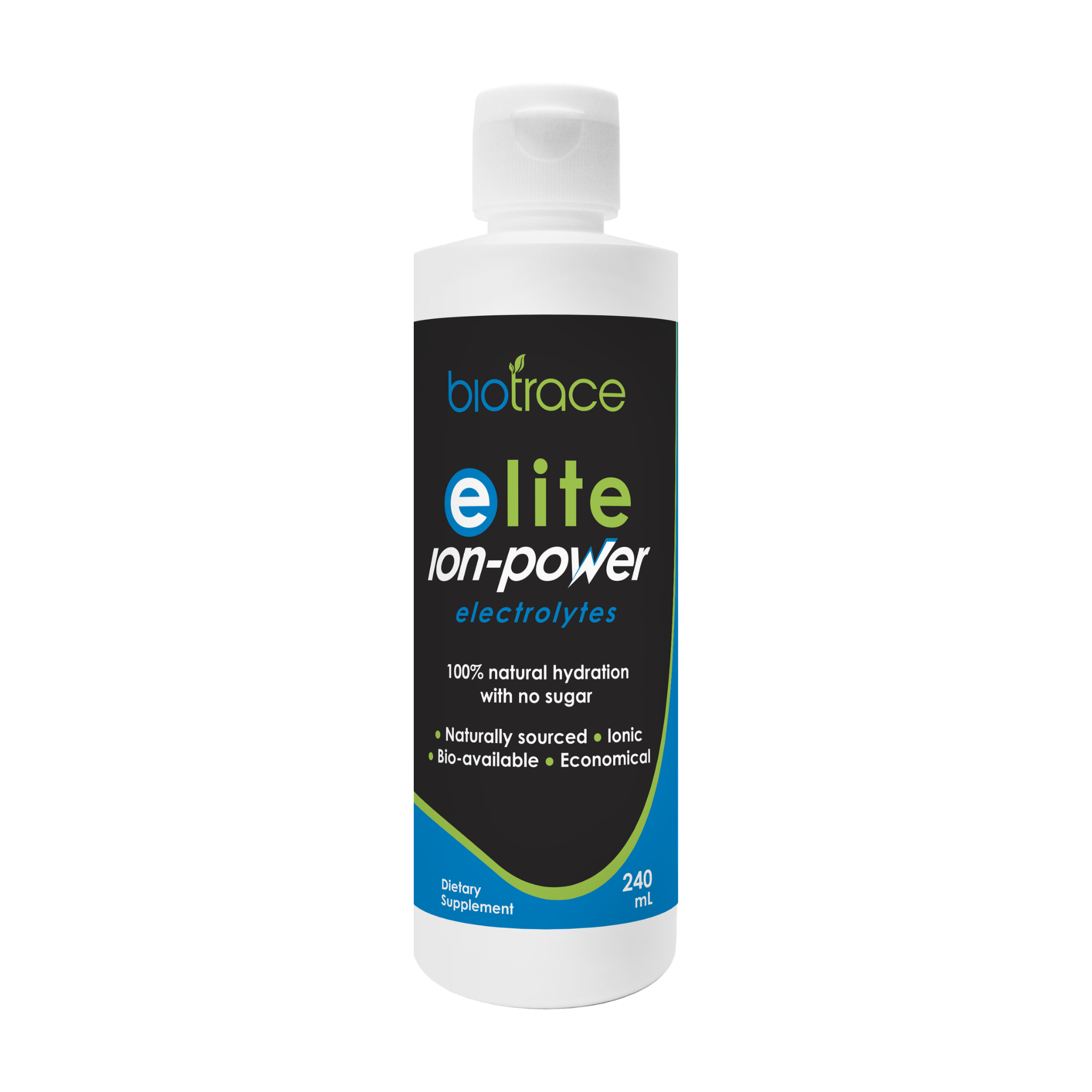 A 240 mL white plastic bottle of biotrace Elite Ion-Power Electrolytes dietary supplement, featuring a black label with green and blue branding on a white background.