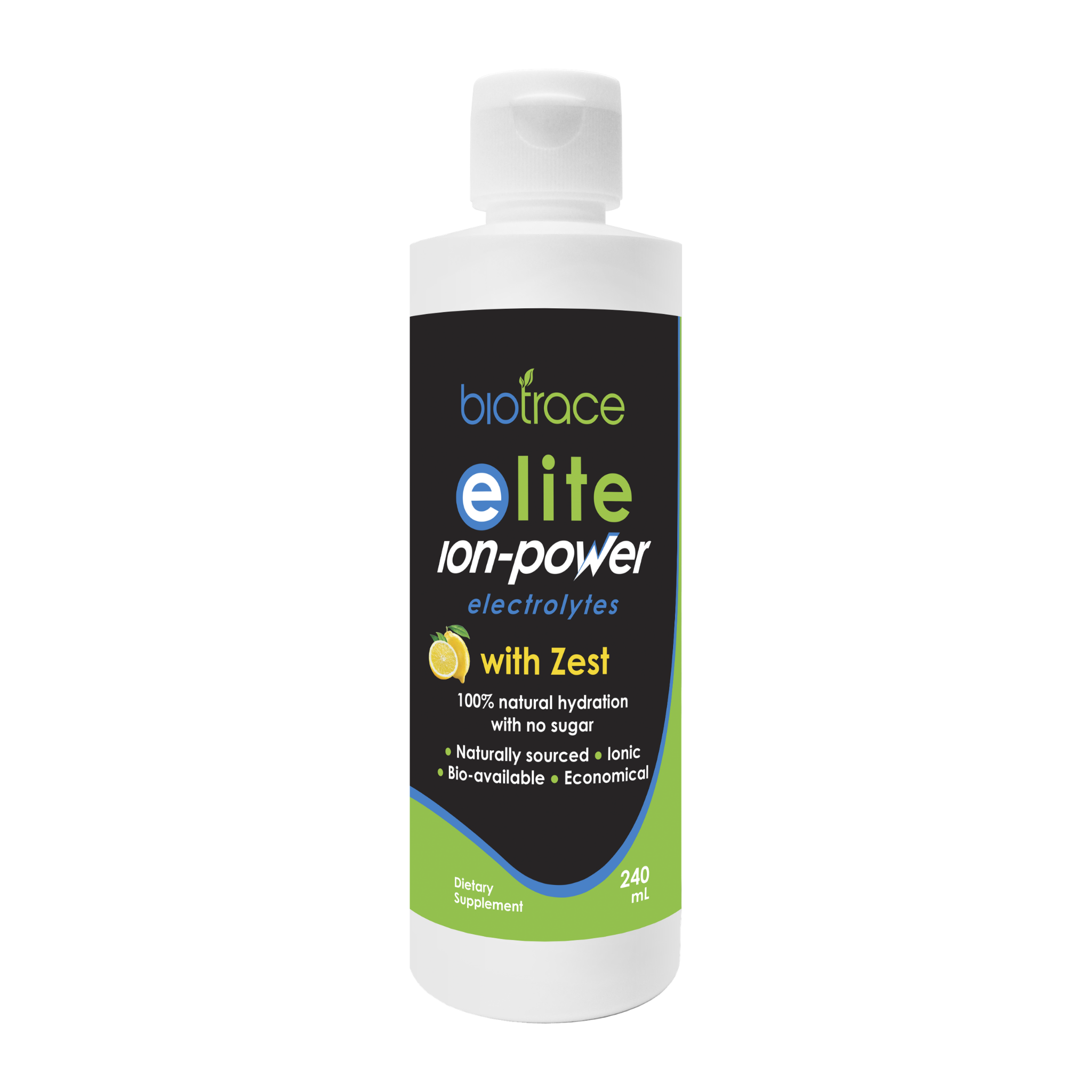 A 240 mL bottle of biotrace Elite Ion-Power Electrolytes 'with Zest' on a plain white background.