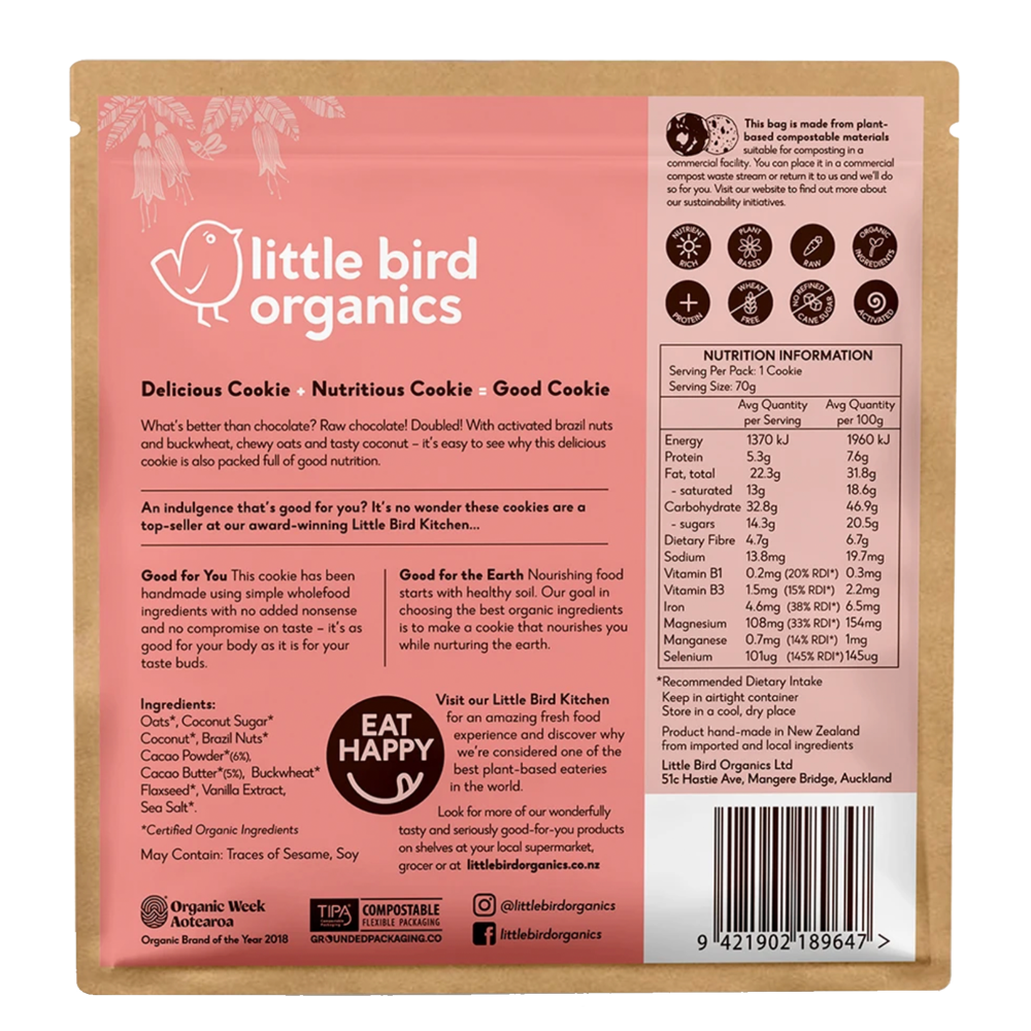LITTLE BIRD ORGANICS GOOD DOUBLE CHOCOLATE CHIP COOKIE - The Herbal Dispensary Raglan