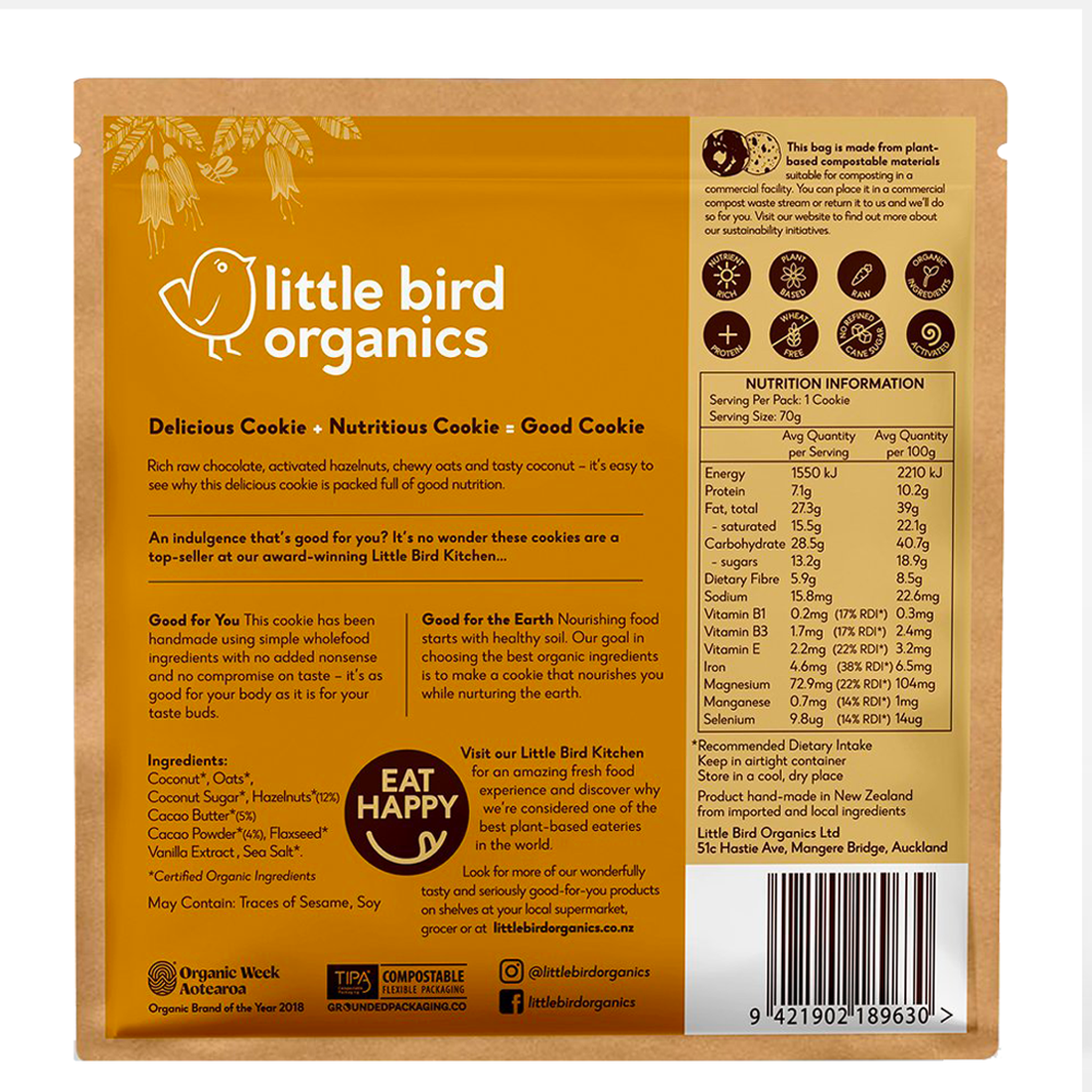 LITTLE BIRD ORGANICS GOOD HAZELNUT CHOCOLATE CHIP COOKIE - The Herbal Dispensary Raglan