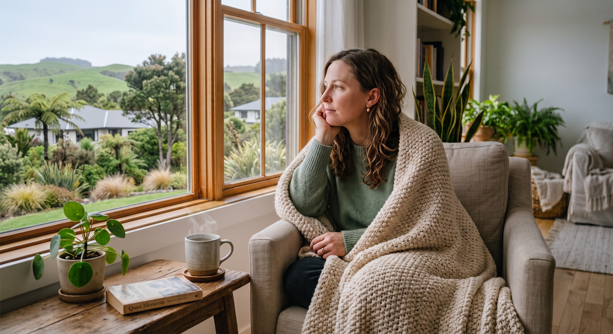 Woman wrapped in a cosy blanket, sitting by a window with a warm drink and looking out over a green landscape.