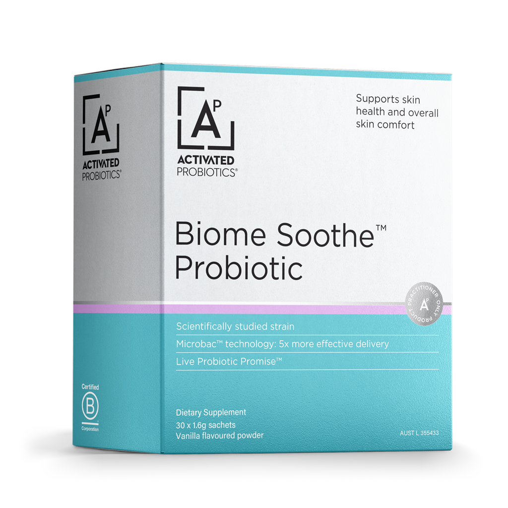 A box of Activated Probiotics Biome Soothe Probiotic, featuring a white and teal design with a purple accent band, set against a plain white background.