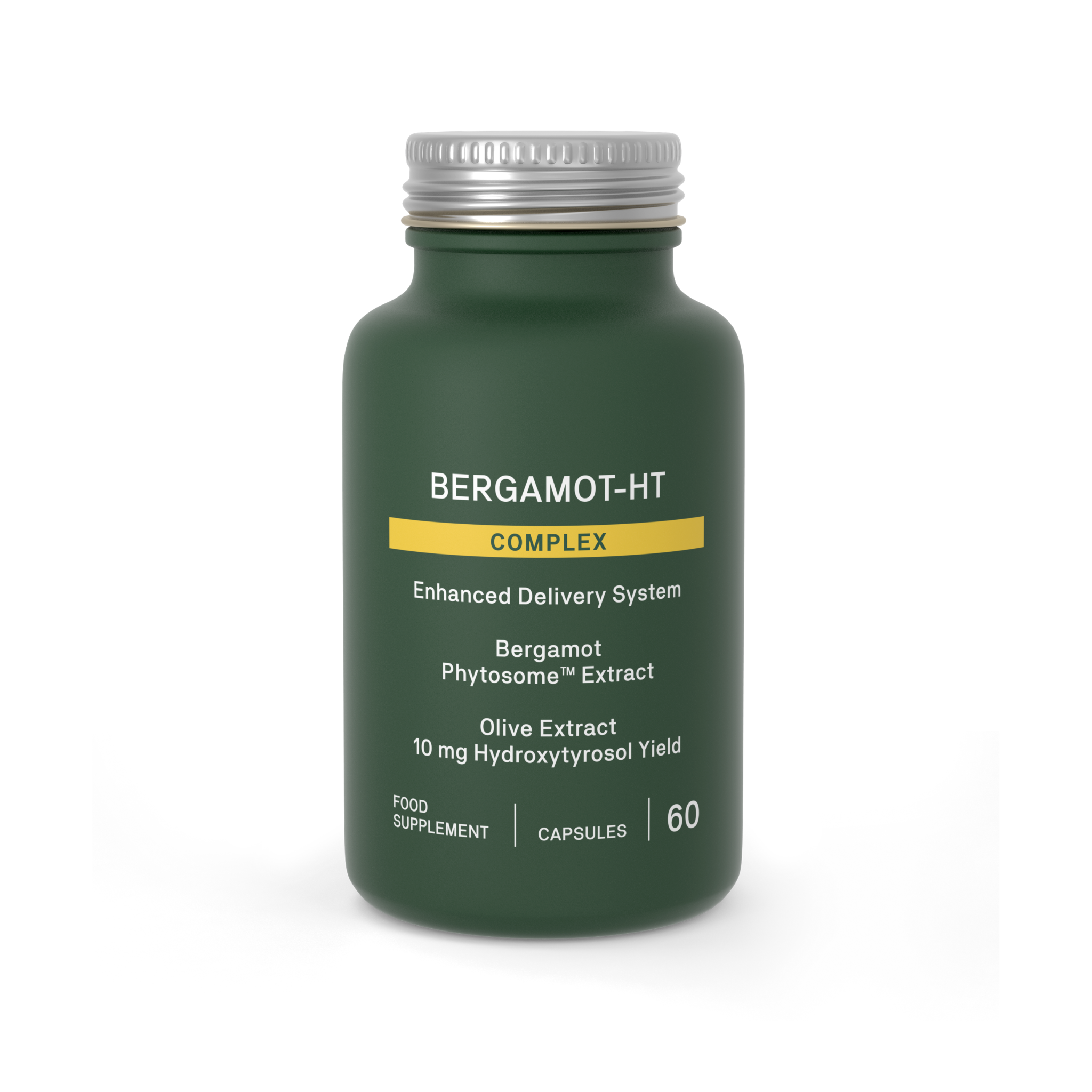 A dark green bottle of Bergamot-HT Complex food supplement with a silver cap, shown on a clean white background.