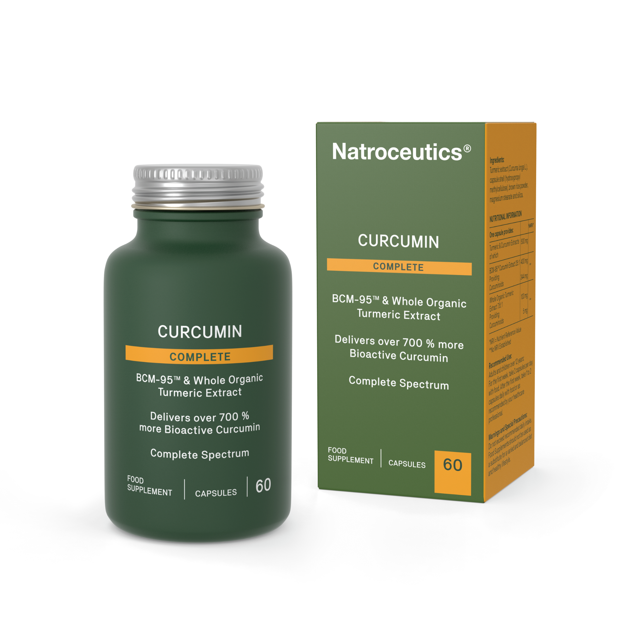Green supplement bottle and packaging of Natroceutics Curcumin Complete on a white background