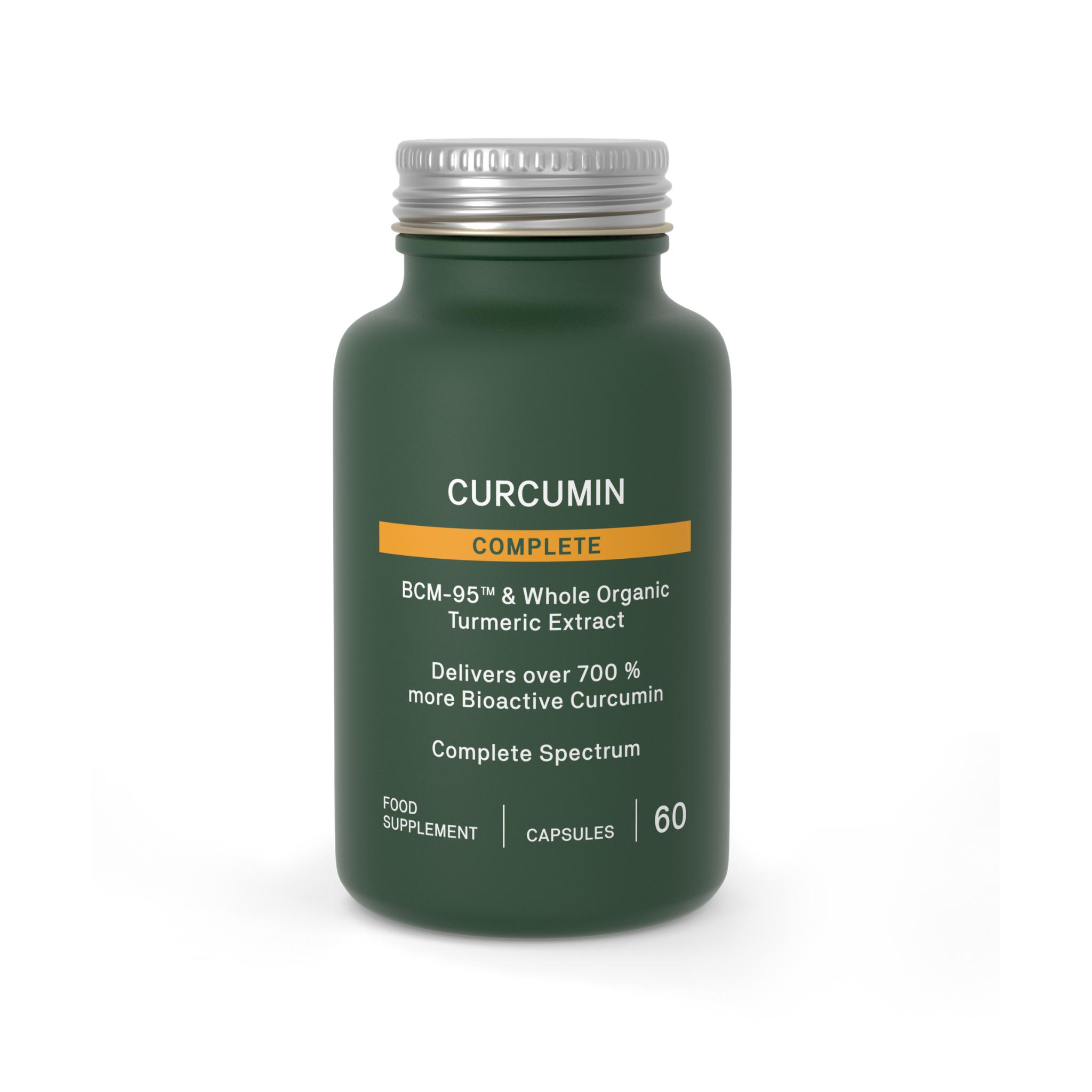 A dark green bottle of BCM-95 Curcumin Complete food supplement with a silver cap, shown on a clean white background.