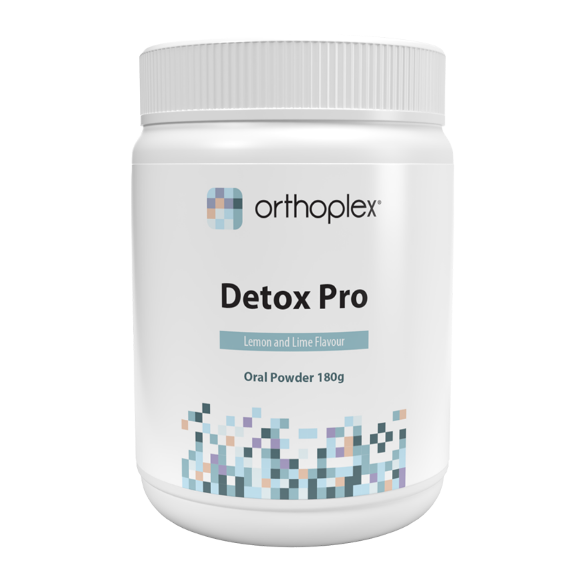 A white plastic jar of Orthoplex Detox Pro oral powder, lemon and lime flavor, 180g, on a plain white background.