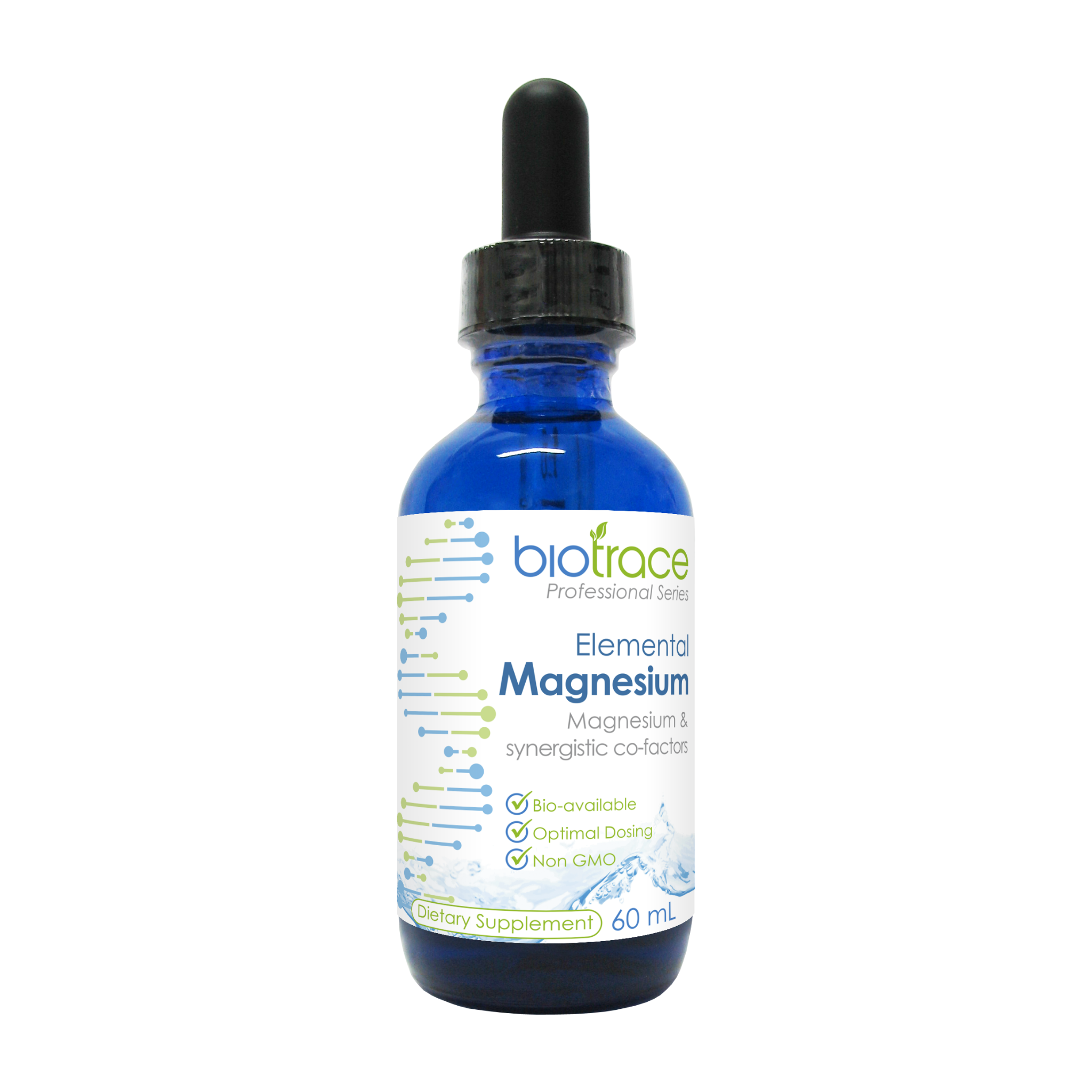 A blue glass dropper bottle of Biotrace Elemental Magnesium dietary supplement, featuring a white label with blue and green text, and a black dropper cap, set against a plain white background.