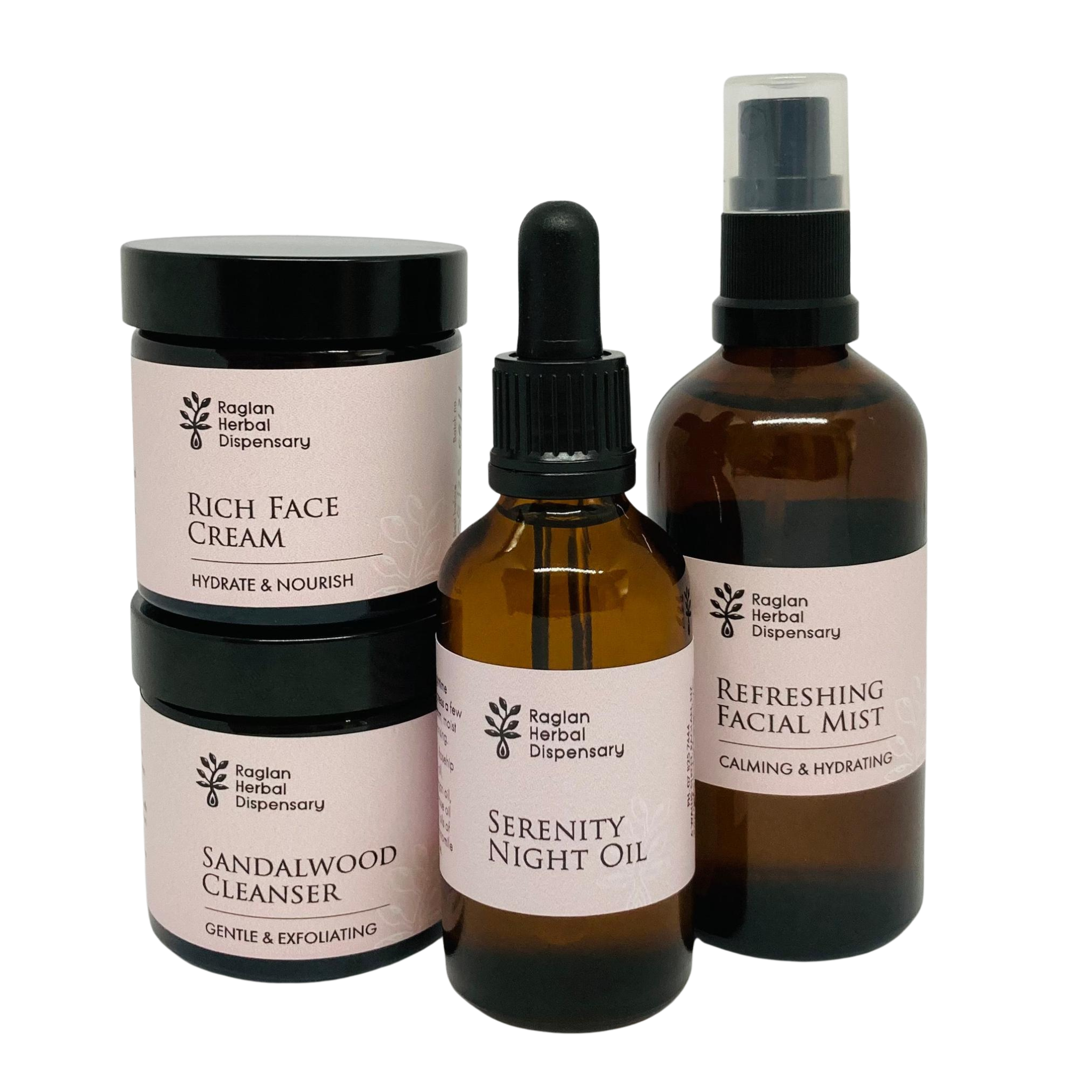 Set of facial care products from Raglan Herbal Dispensary on a white background