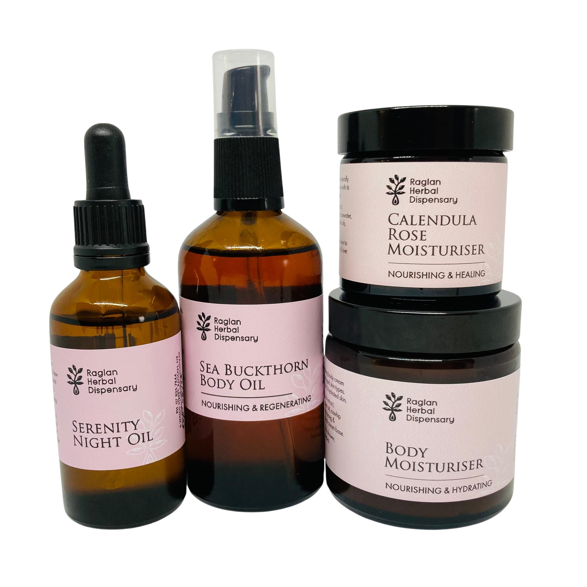 Set of skincare products from Raglan Herbal Dispensary on a white background