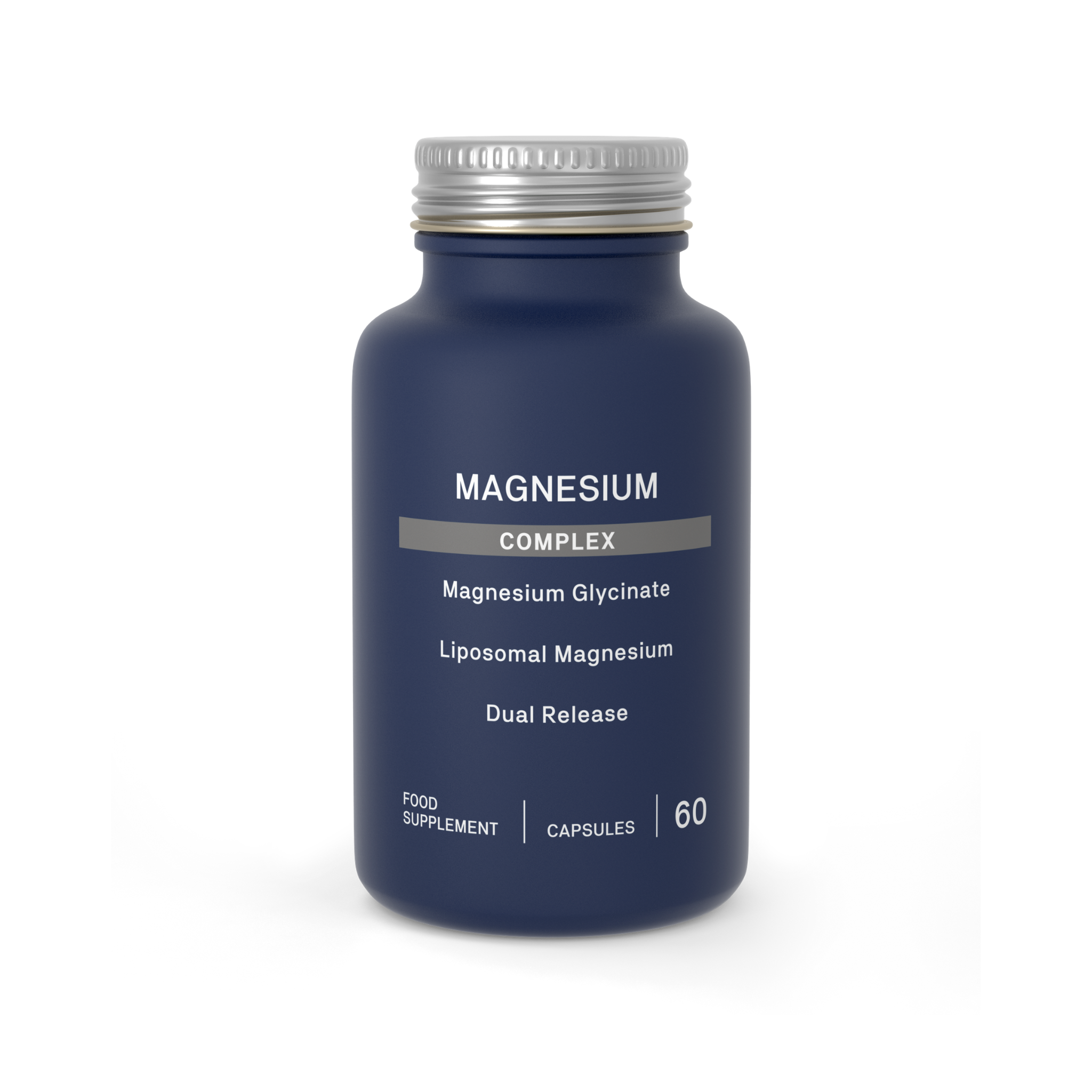 A dark blue bottle of Magnesium Complex food supplement with a silver metal cap, shown on a clean white background.