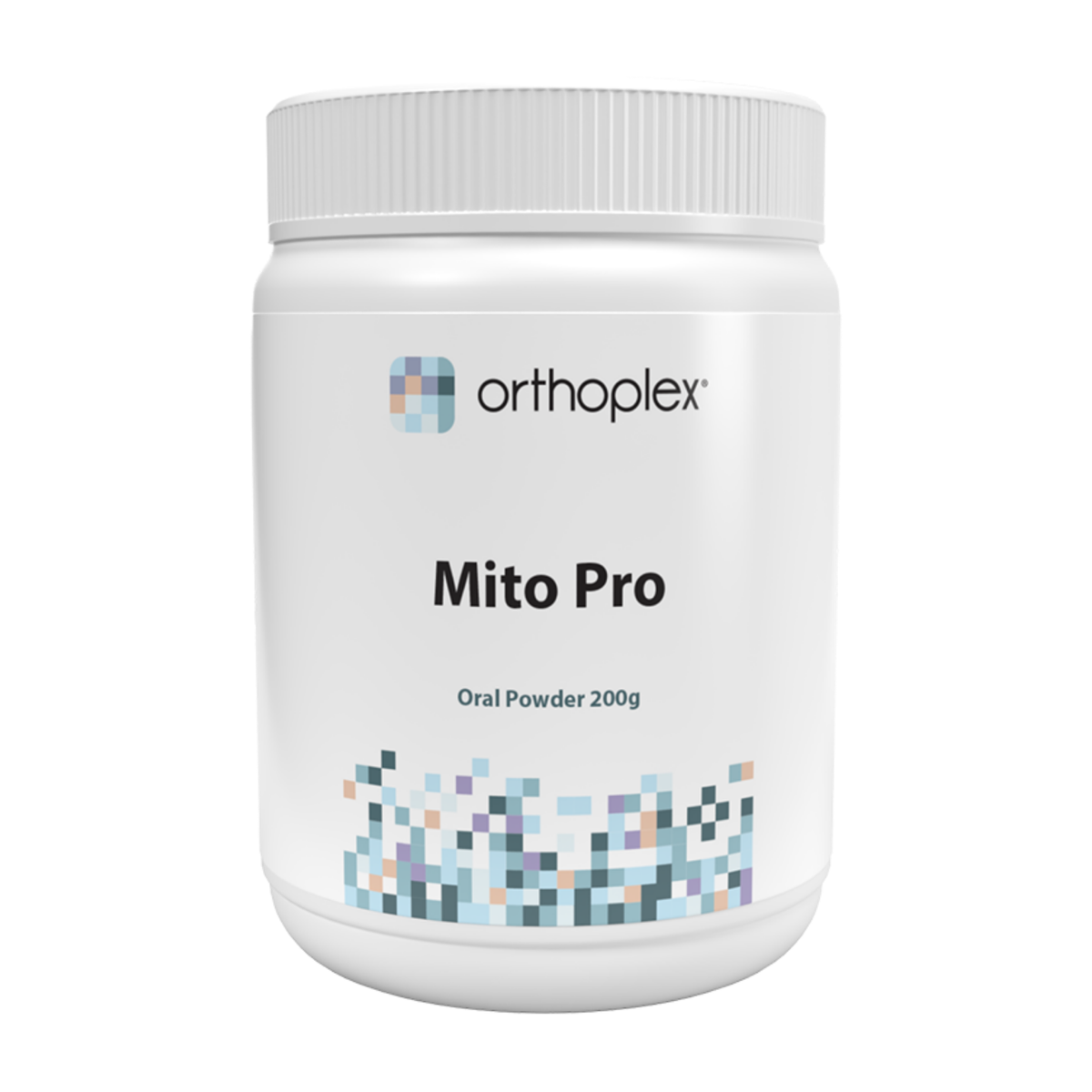 A white plastic jar of Orthoplex Mito Pro Oral Powder, 200g, on a solid white background.