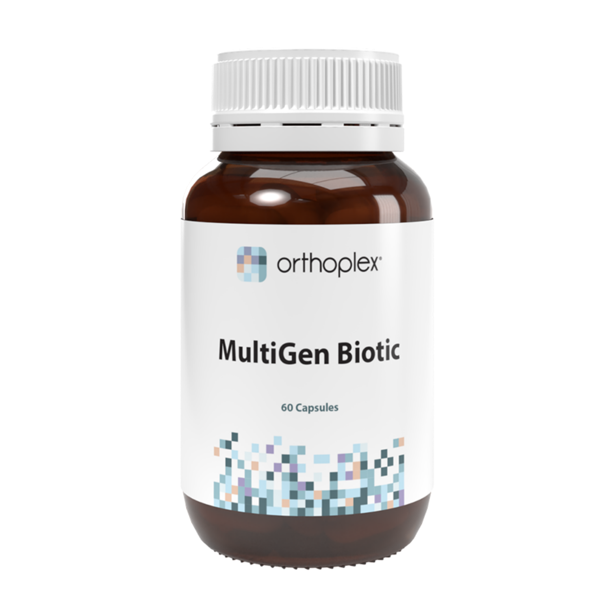 An amber brown supplement bottle with a white ribbed cap and a white label reading 'orthoplex MultiGen Biotic' and '60 Capsules' on a plain white background.