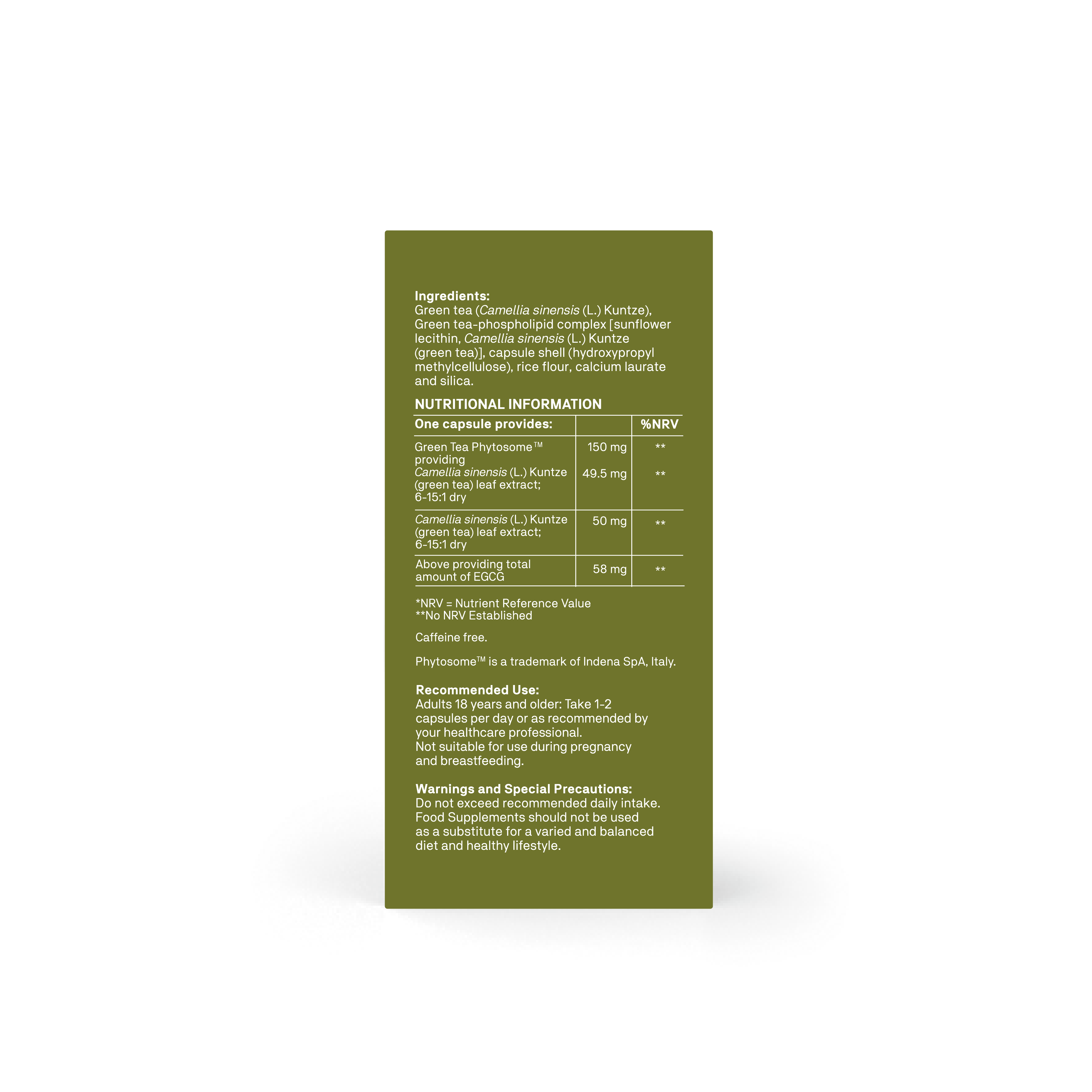 The back of an olive green supplement box showing printed text with ingredients, nutritional information, recommended use, and warnings on a white background.