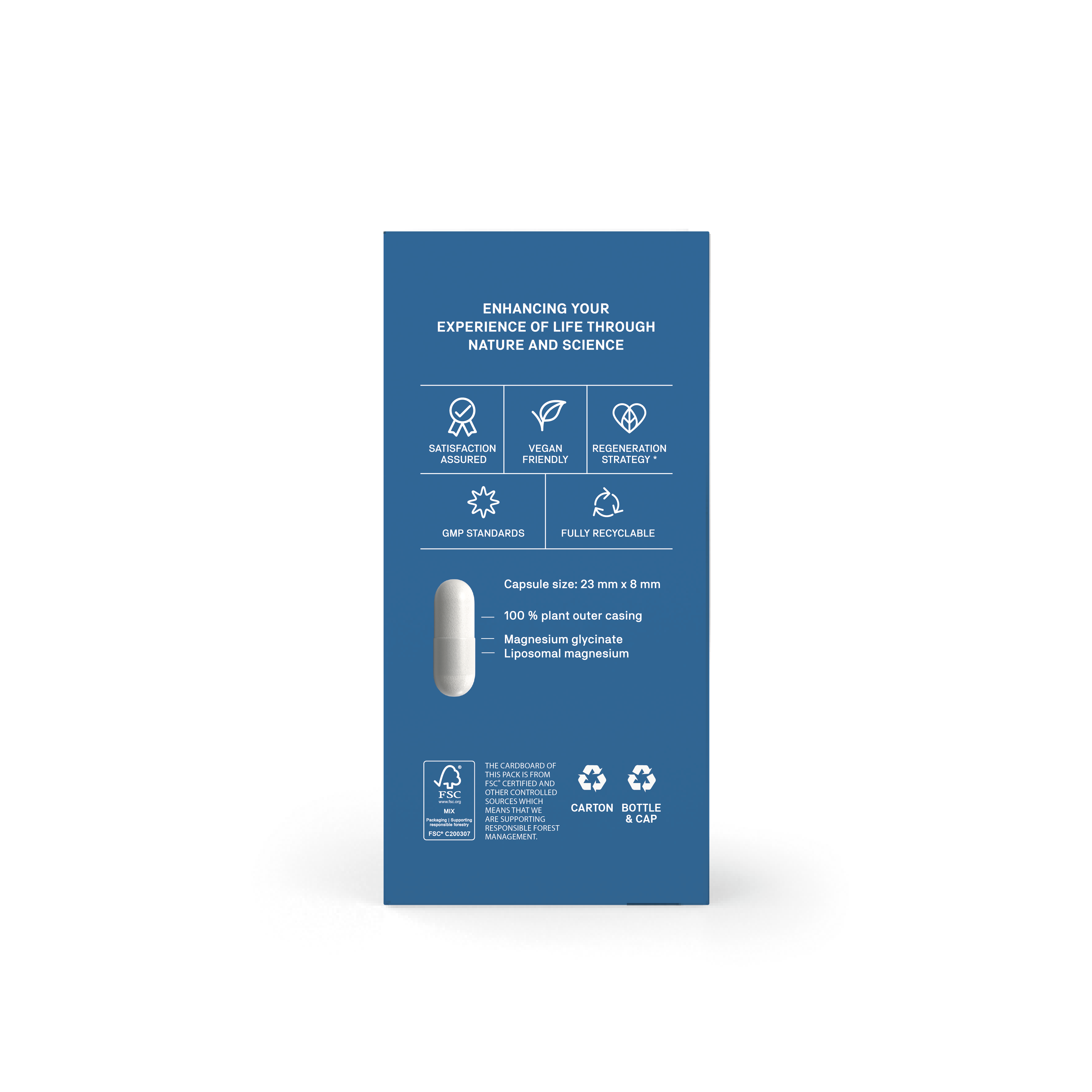 Blue packaging with white capsule and text on a white background