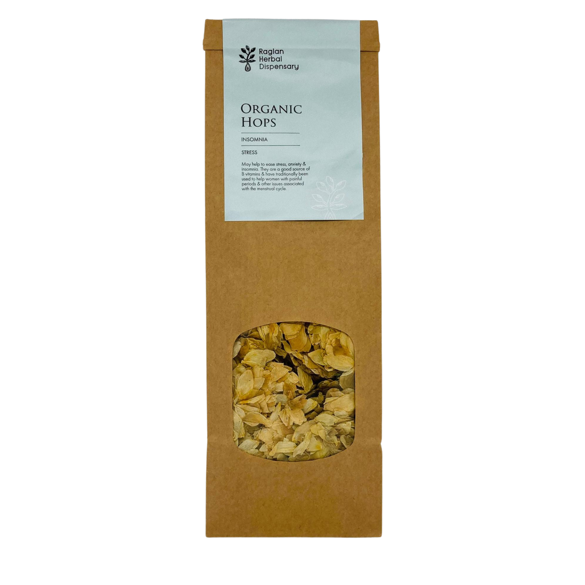 A tall brown kraft paper bag of Belgian Royal Observatory Organic Hops, featuring a light blue label at the top and a clear window near the bottom showing dried pale yellow hops flowers inside.