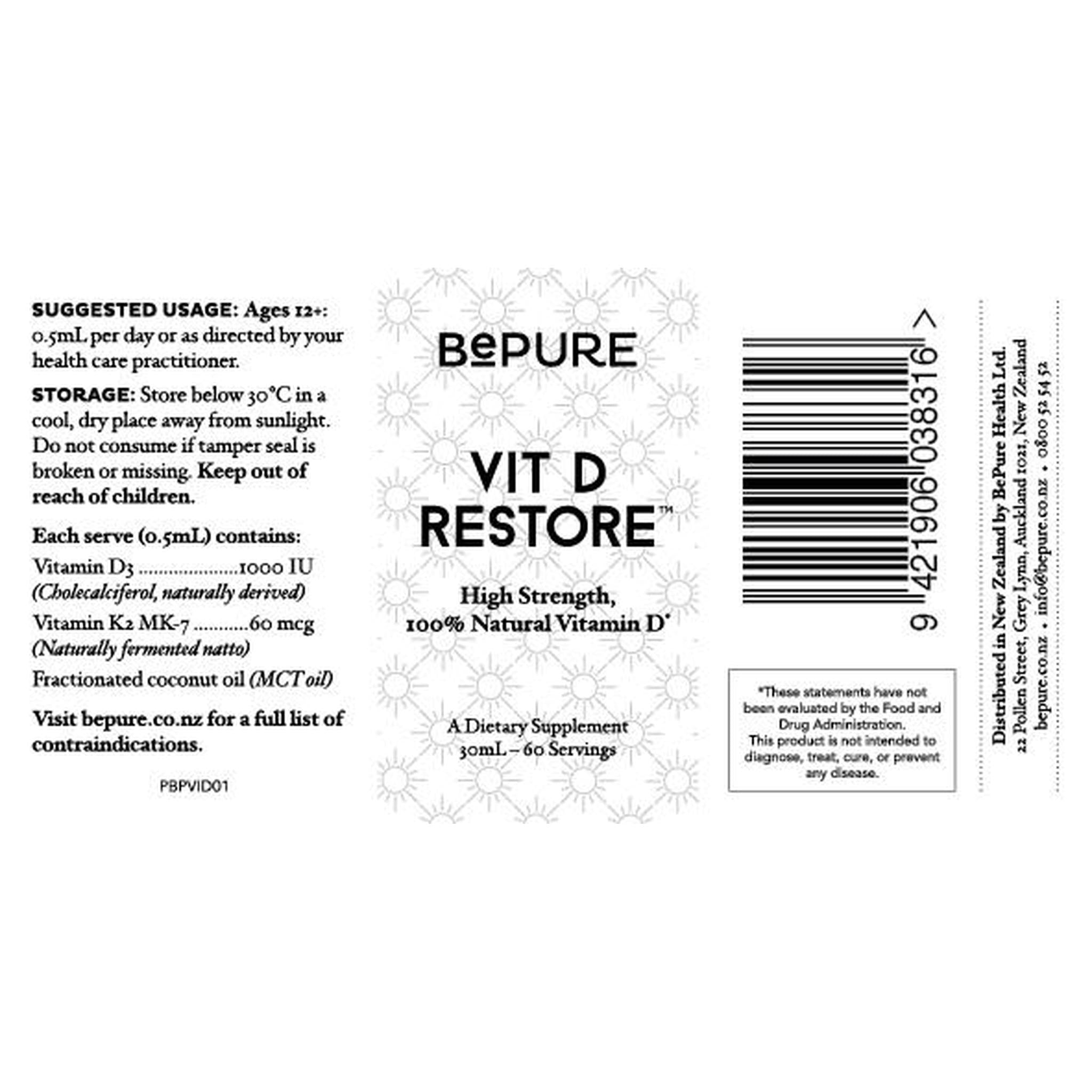BE PURE VITAMIN D RESTORE 30ML - The Herbal Dispensary Raglan