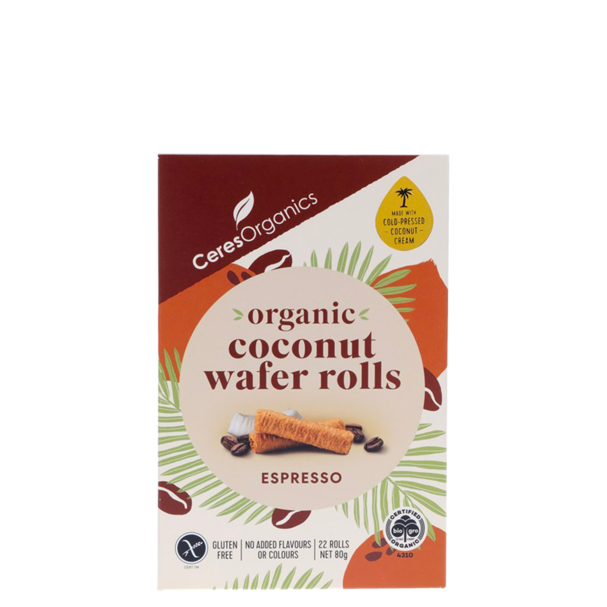 CERES ORGANICS ORGANIC COCONUT WAFER ROLLS ESPRESSO 80G - The Herbal Dispensary Raglan