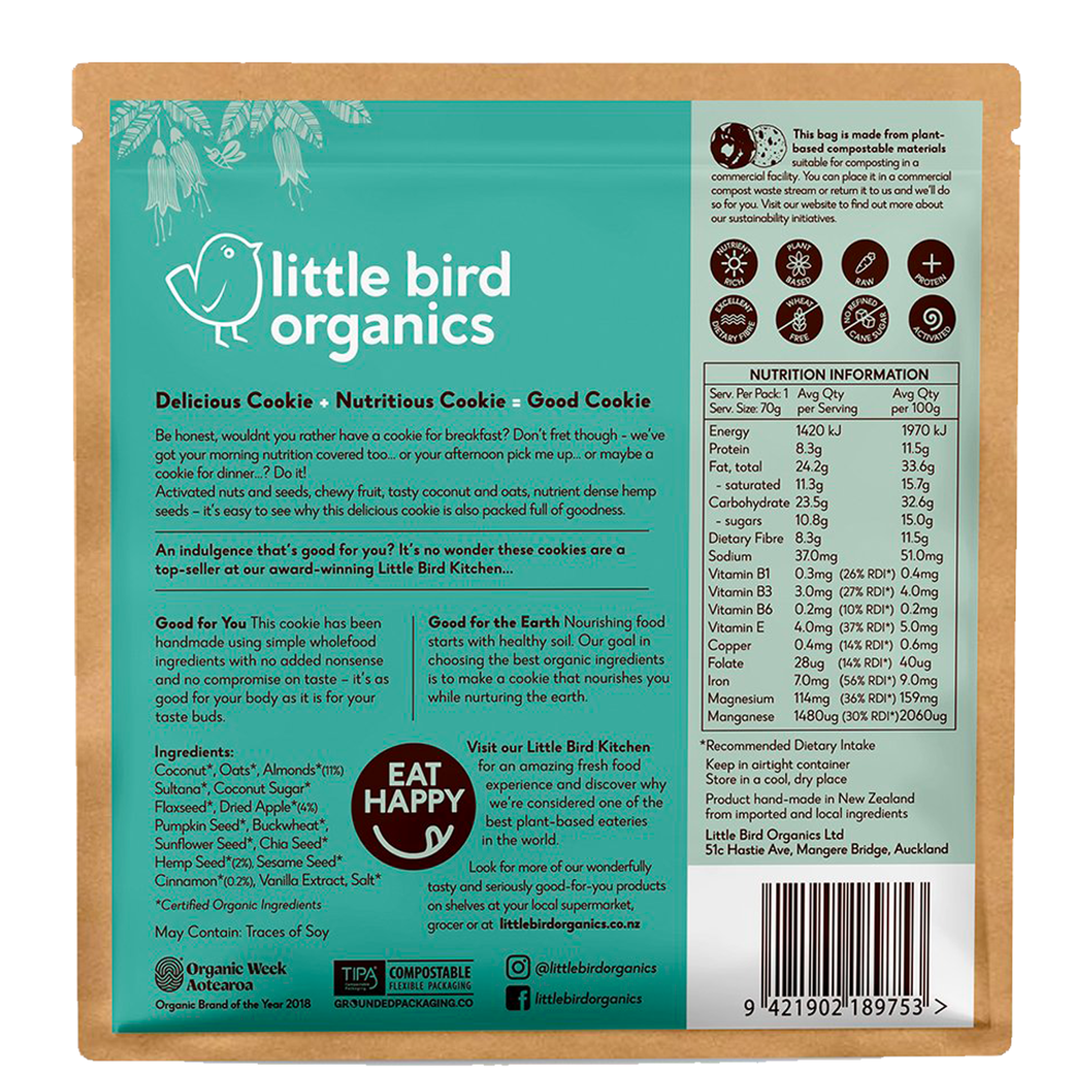LITTLE BIRD ORGANICS GOOD BREAKFAST COOKIE APPLE CINNAMON HEMP - The Herbal Dispensary Raglan