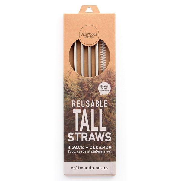 CALIWOODS TALL REUSABLE STRAWS 4 PACK + CLEANER