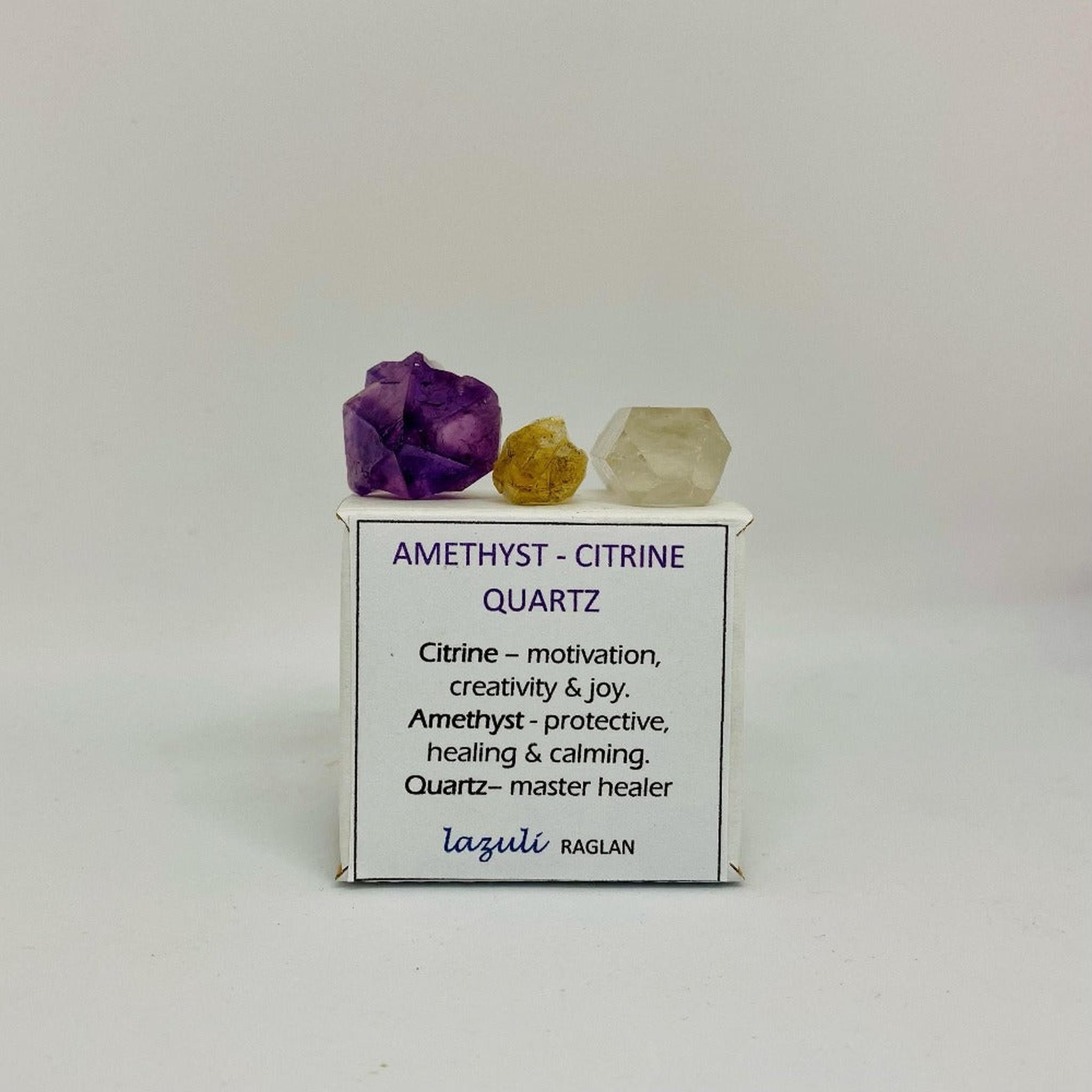 LAZULI RAGLAN BOXED AMETHYST, CITRINE & QUARTZ CRYSTALS - The Herbal Dispensary Raglan