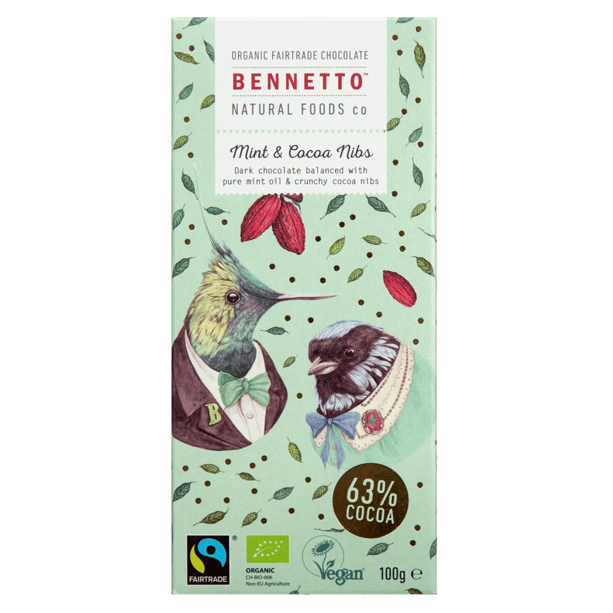 BENNETTOS MINT & CACAO NIBS CHOCOLATE 100G - The Herbal Dispensary Raglan